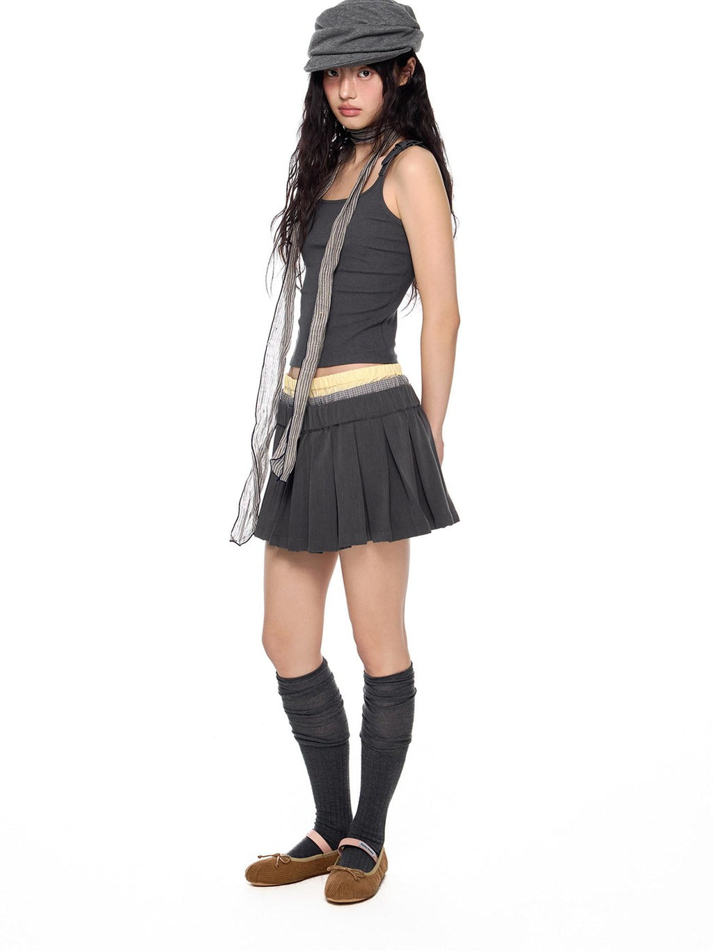EZEK Plaid Spliced Pleated Women's Polyester Cotton Spandex Blend A-line Skirts