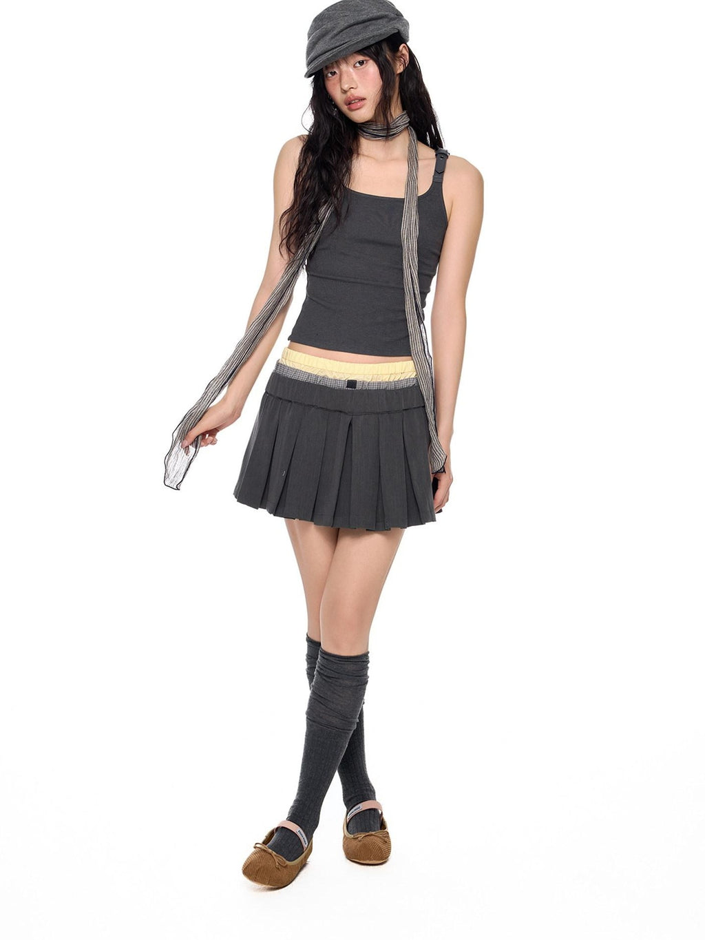 EZEK Plaid Spliced Pleated Women's Polyester Cotton Spandex Blend A-line Skirts