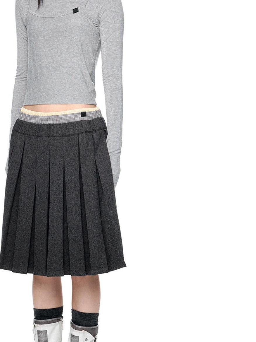 EZEK Plaid Spliced Pleated Women's Polyester Cotton Spandex Blend A-line Skirts