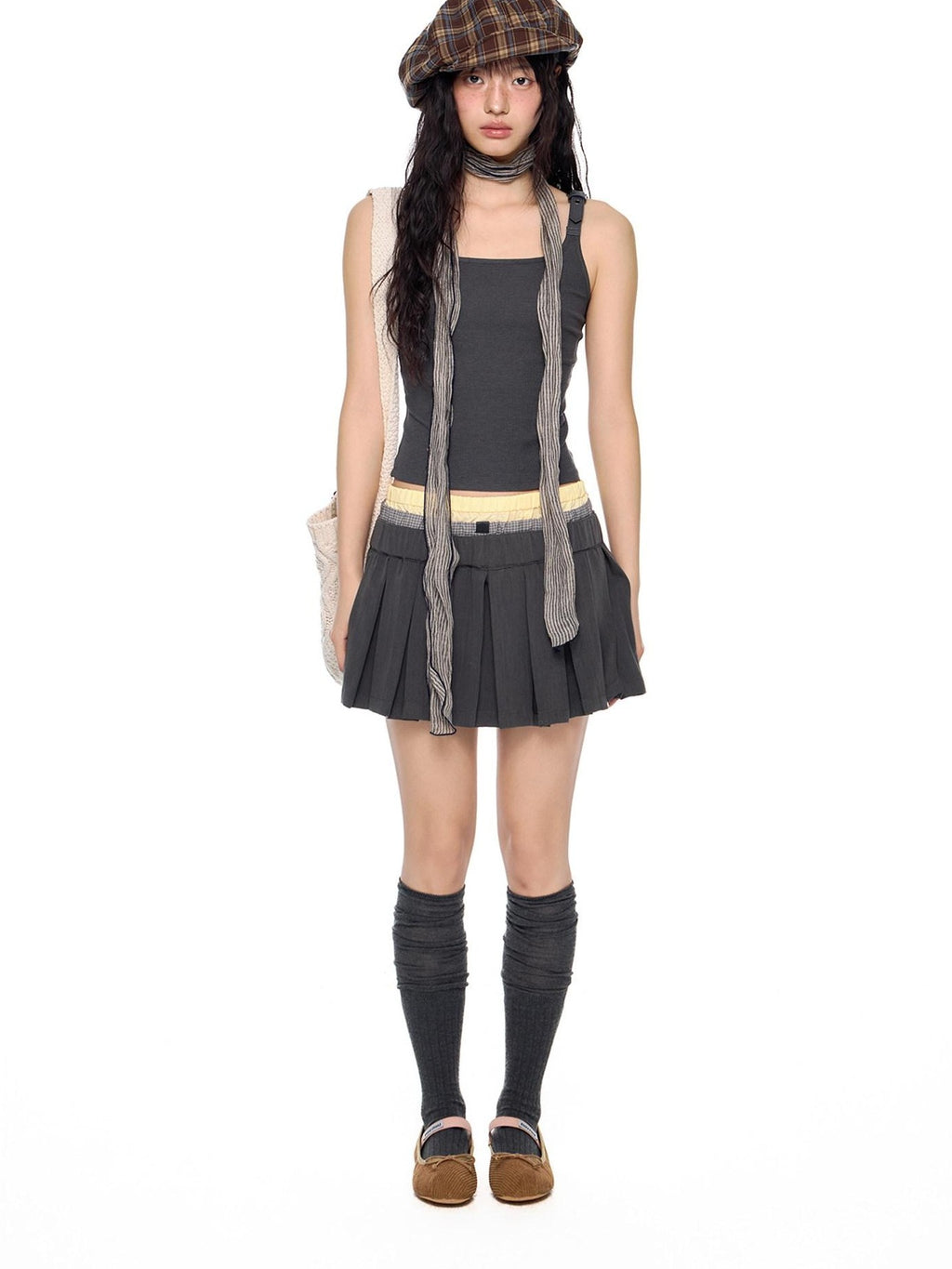 EZEK Plaid Spliced Pleated Women's Polyester Cotton Spandex Blend A-line Skirts