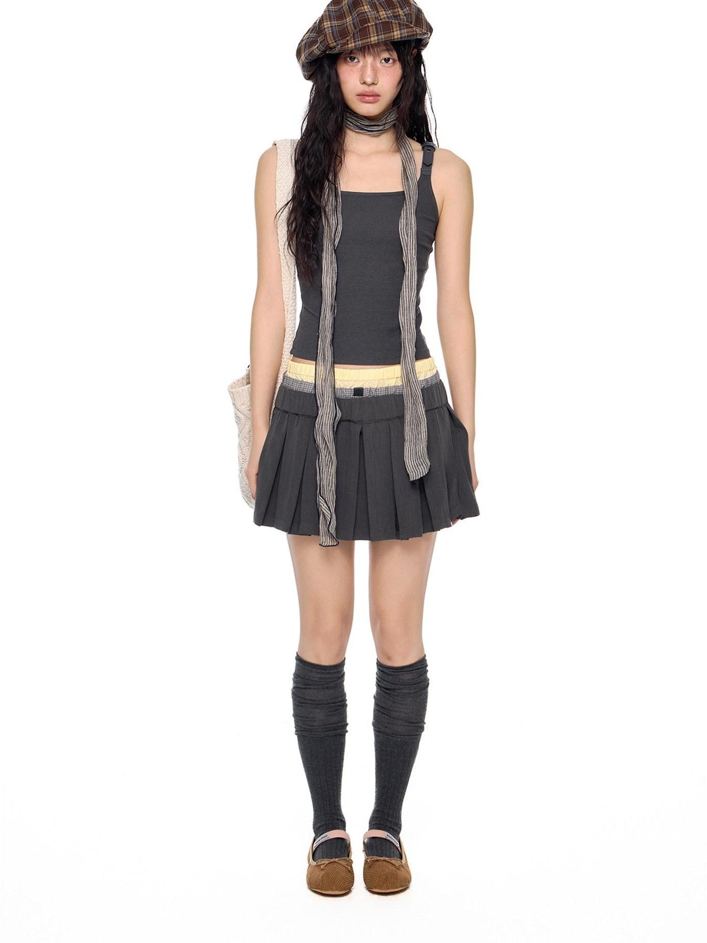 EZEK Plaid Spliced Pleated Women's Polyester Cotton Spandex Blend A-line Skirts