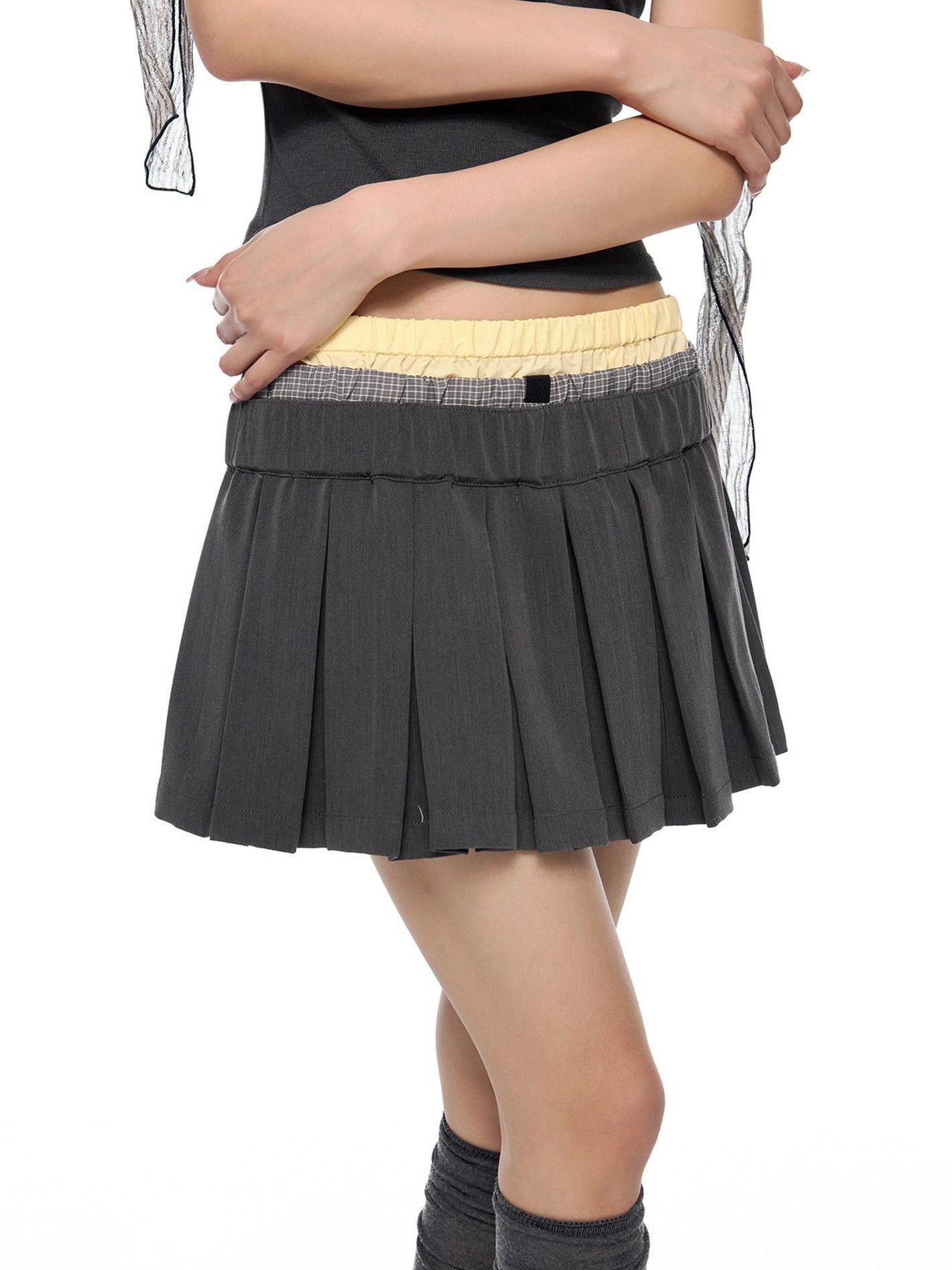 EZEK Plaid Spliced Pleated Women's Polyester Cotton Spandex Blend A-line Skirts