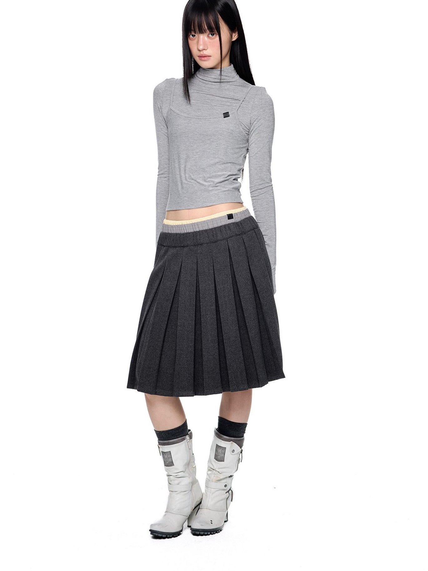 EZEK Plaid Spliced Pleated Women's Polyester Cotton Spandex Blend A-line Skirts