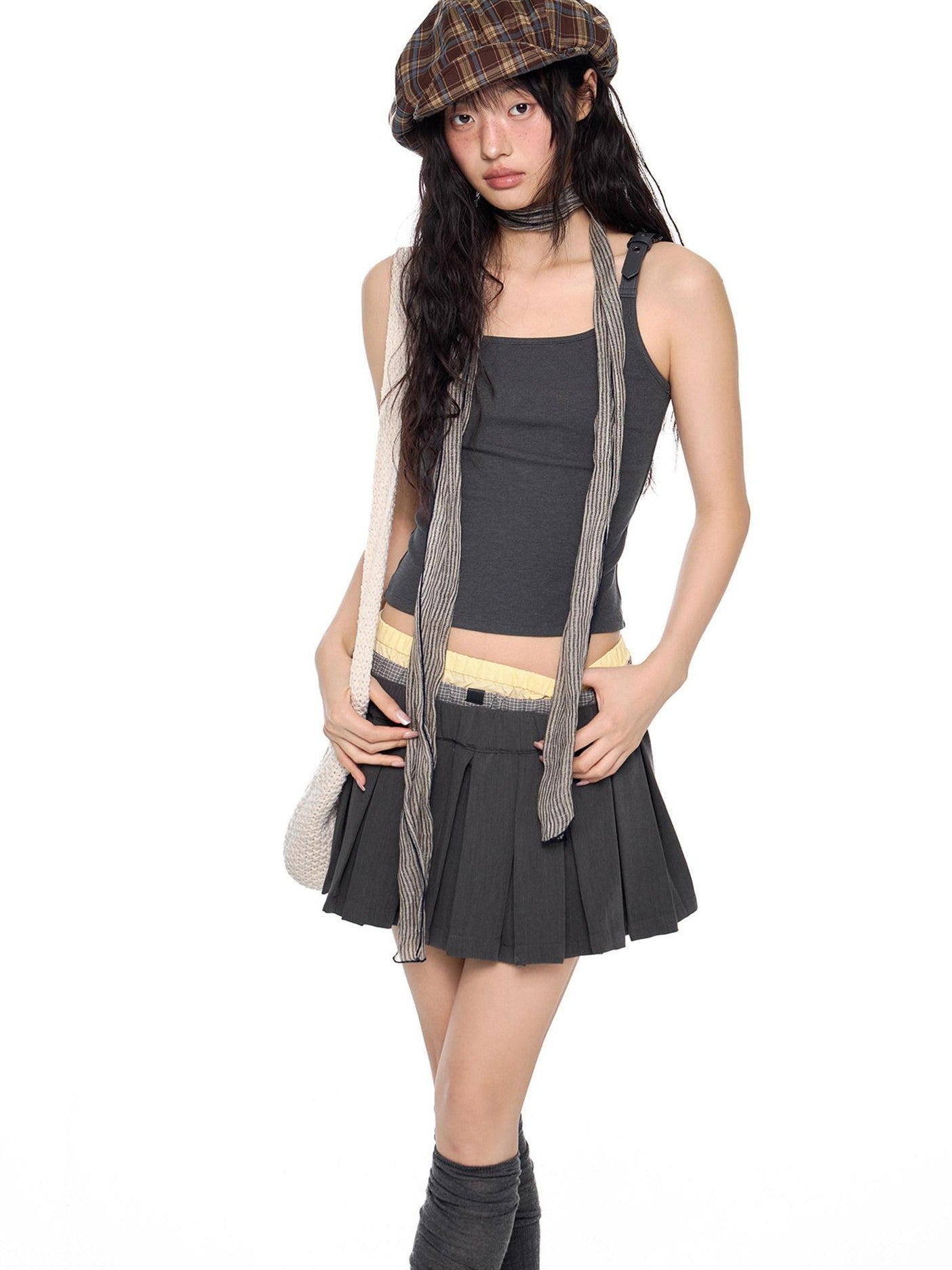 EZEK Plaid Spliced Pleated Women's Polyester Cotton Spandex Blend A-line Skirts