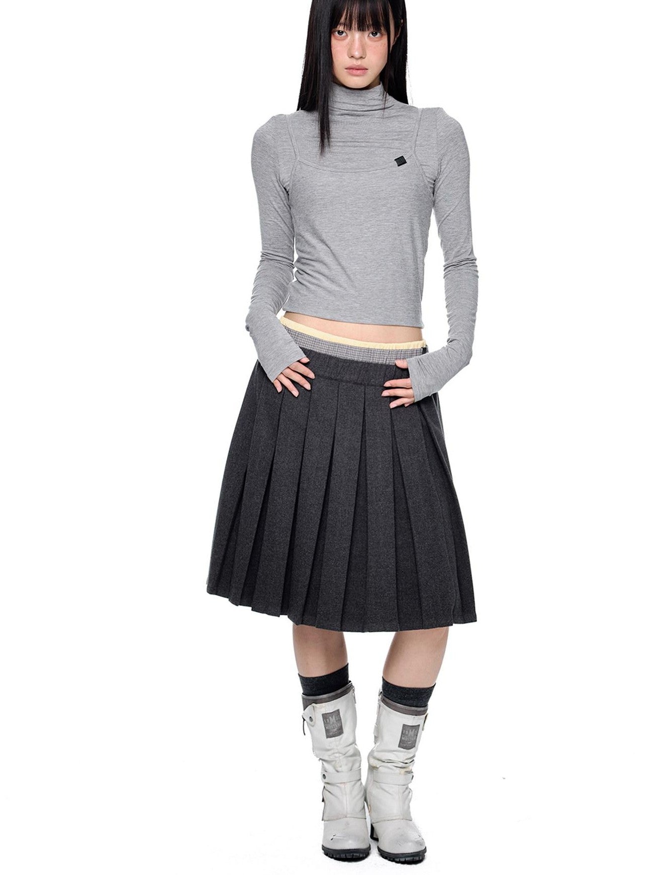 EZEK Plaid Spliced Pleated Women's Polyester Cotton Spandex Blend A-line Skirts