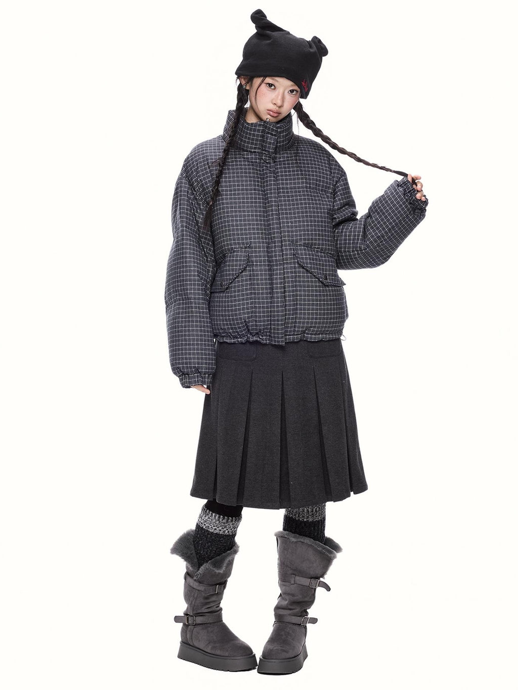 EZEK Plaid Stand Collar 90 White Duck Down Women's Polyester Down Jackets