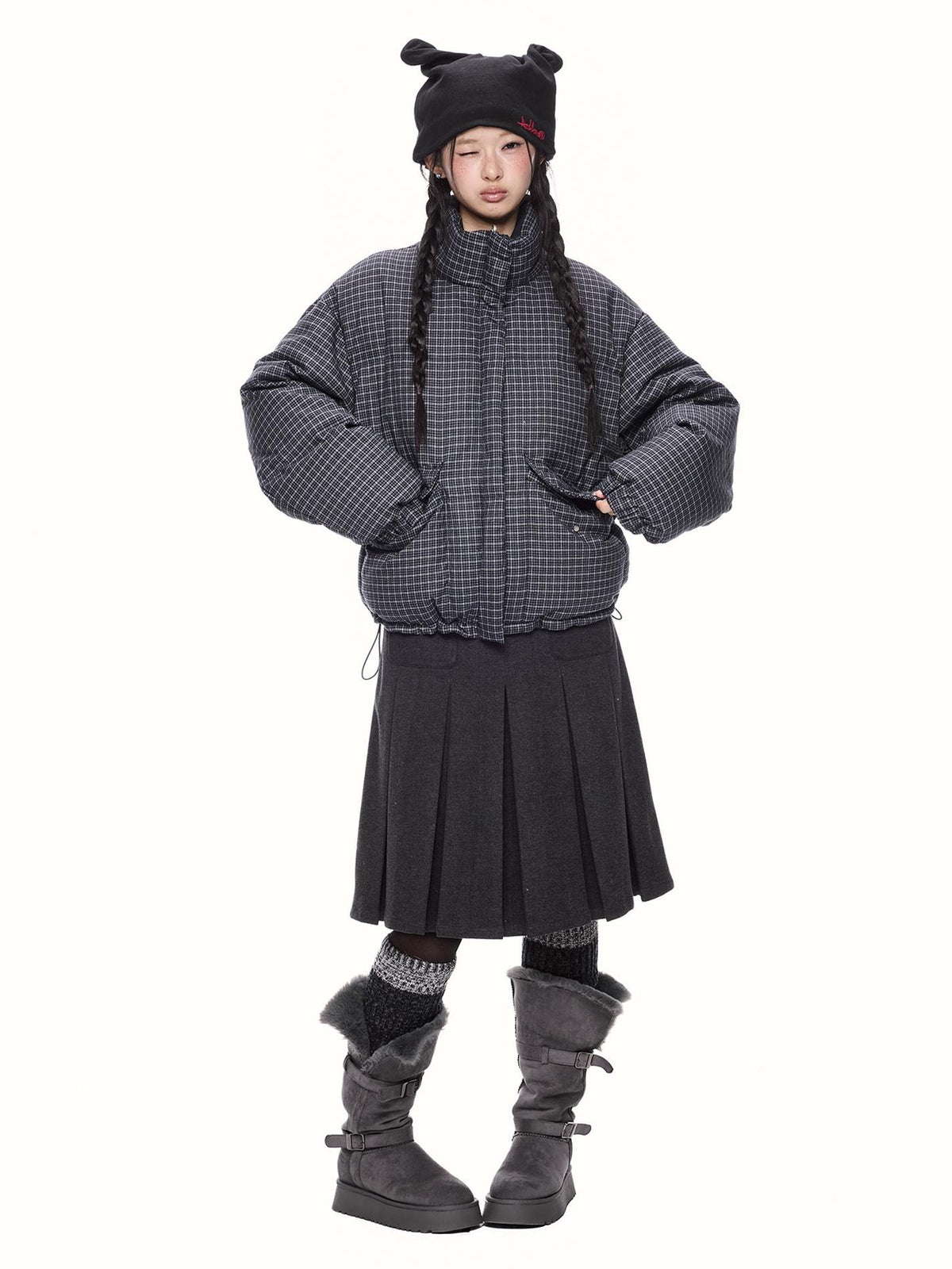 EZEK Plaid Stand Collar 90 White Duck Down Women's Polyester Down Jackets