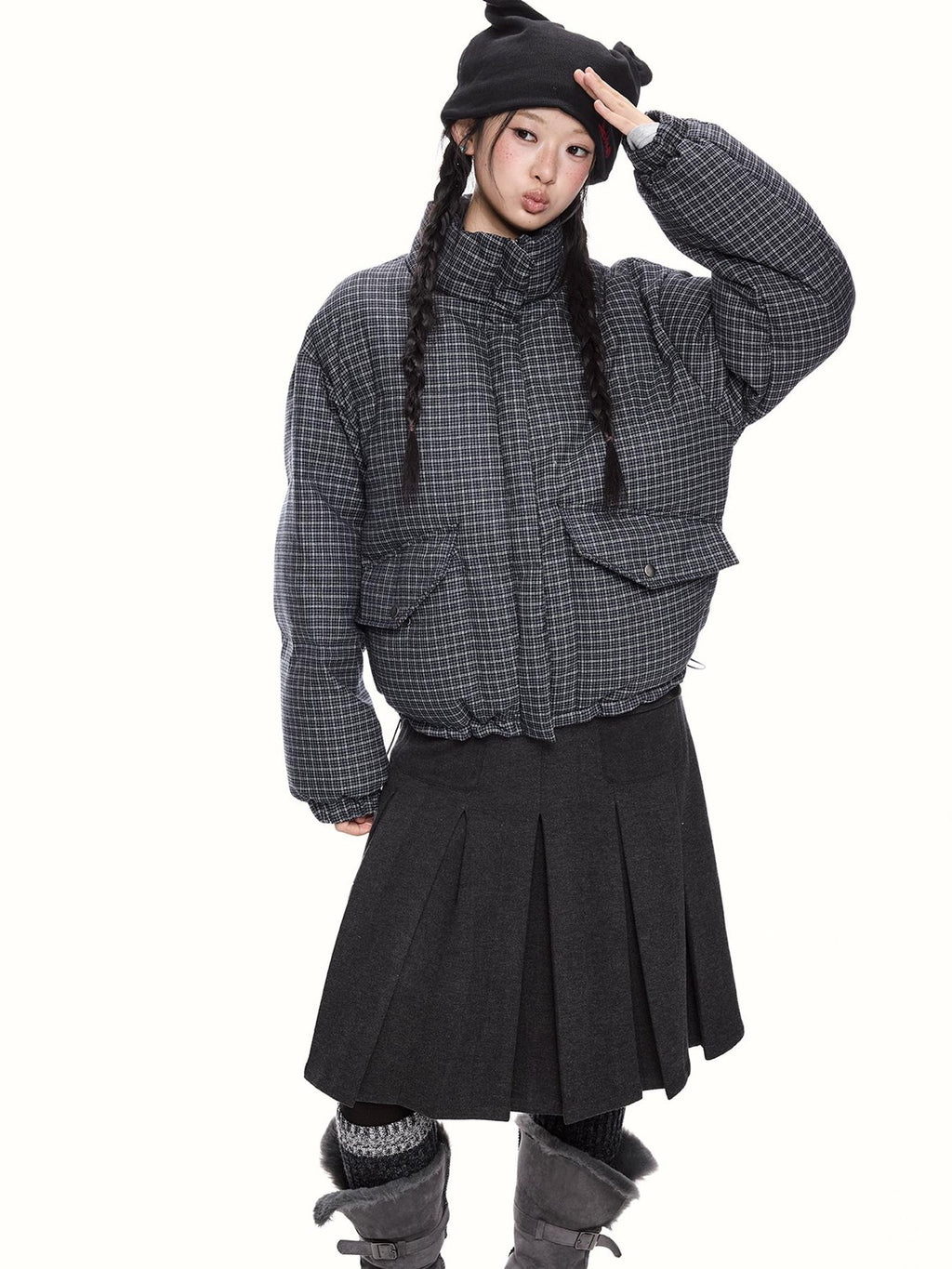 EZEK Plaid Stand Collar 90 White Duck Down Women's Polyester Down Jackets