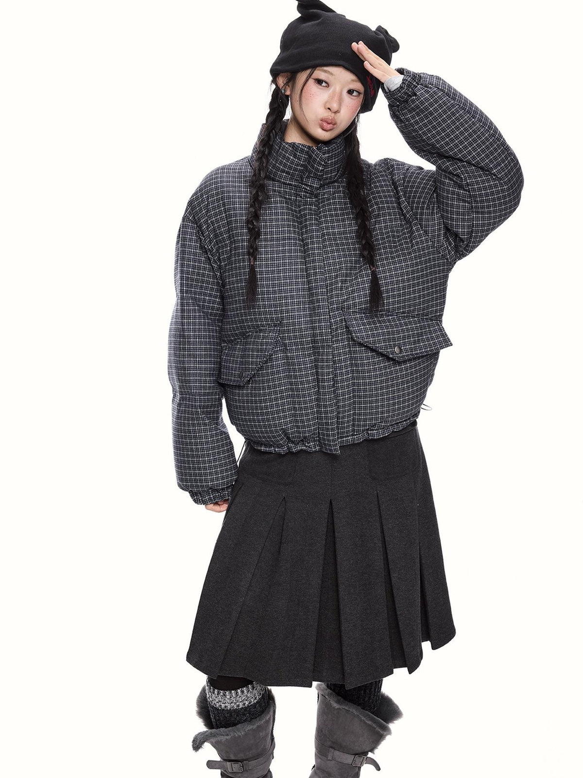 EZEK Plaid Stand Collar 90 White Duck Down Women's Polyester Down Jackets