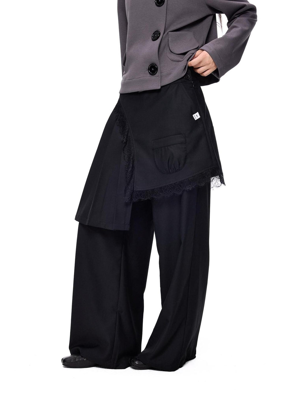 EZEK Pleated Lace Splice Detachable Flap Women's Polyester Straight-leg Pants