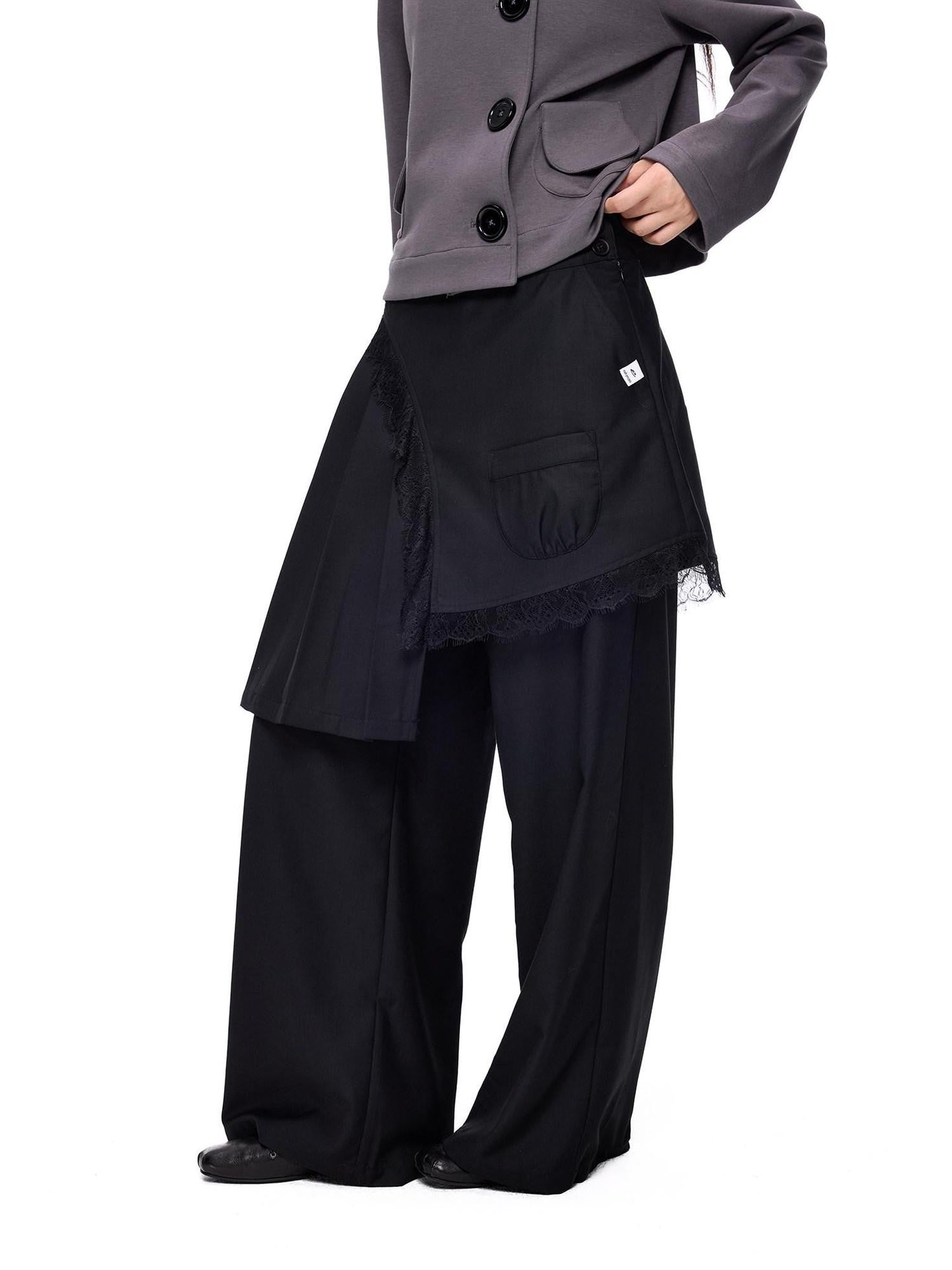 EZEK Pleated Lace Splice Detachable Flap Women's Polyester Straight-leg Pants
