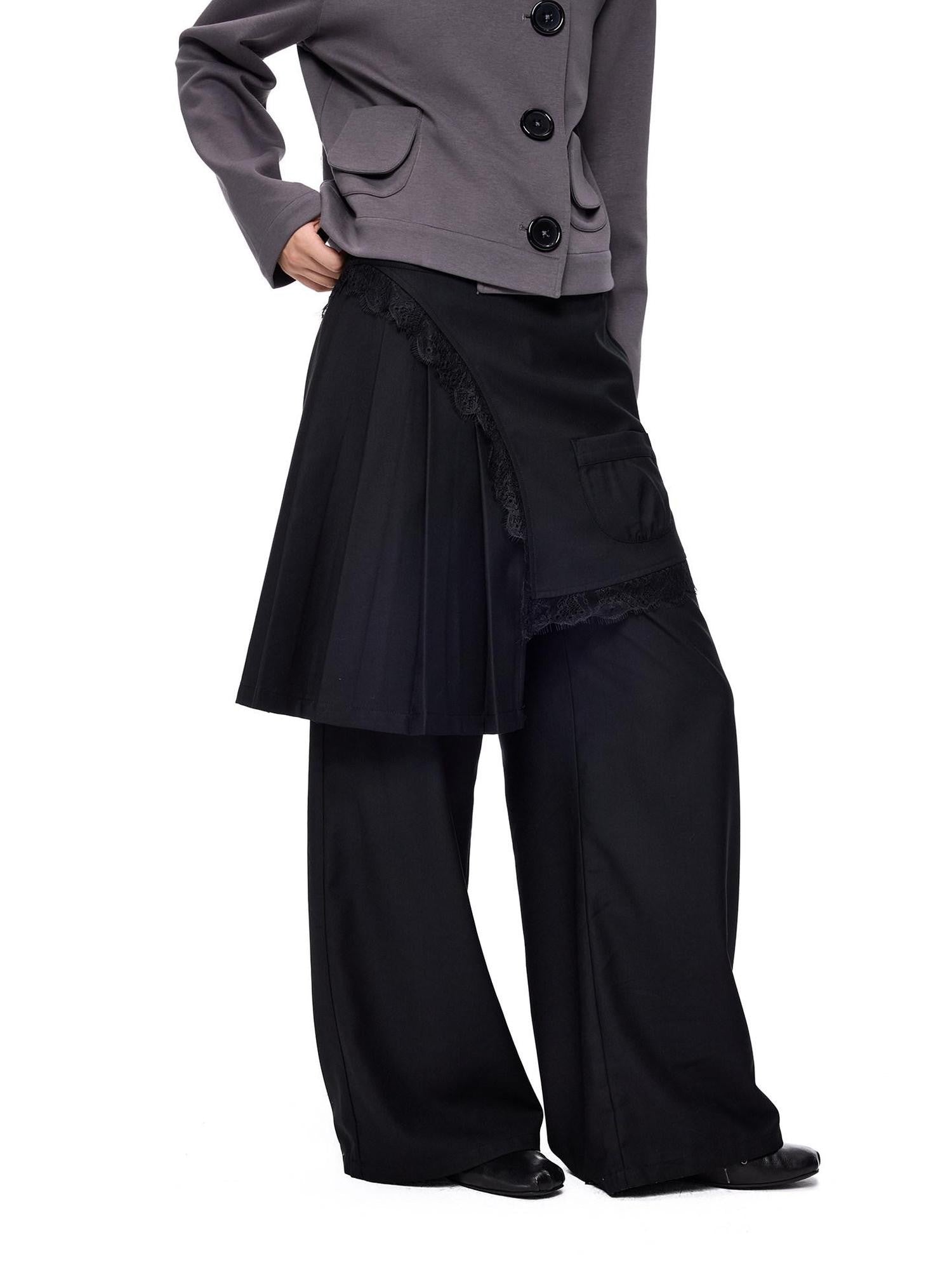 EZEK Pleated Lace Splice Detachable Flap Women's Polyester Straight-leg Pants
