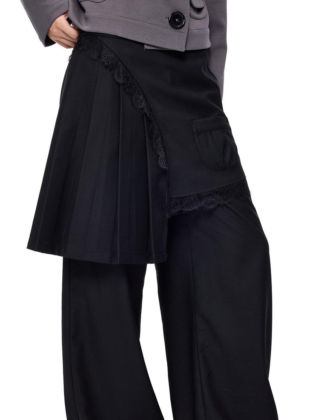 EZEK Pleated Lace Splice Detachable Flap Women's Polyester Straight-leg Pants