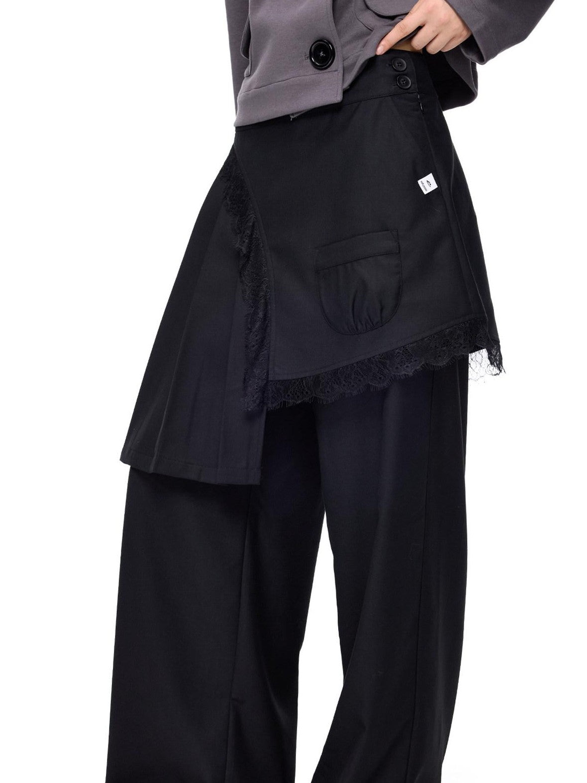 EZEK Pleated Lace Splice Detachable Flap Women's Polyester Straight-leg Pants