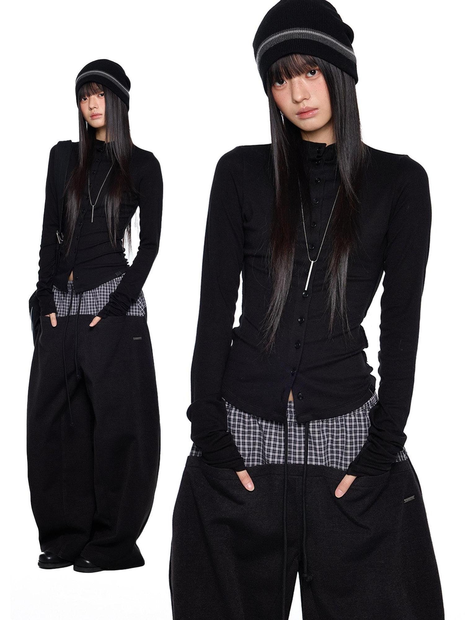 EZEK Pleated Slim Button Cardigan Women's Viscose Long Sleeve T-shirts
