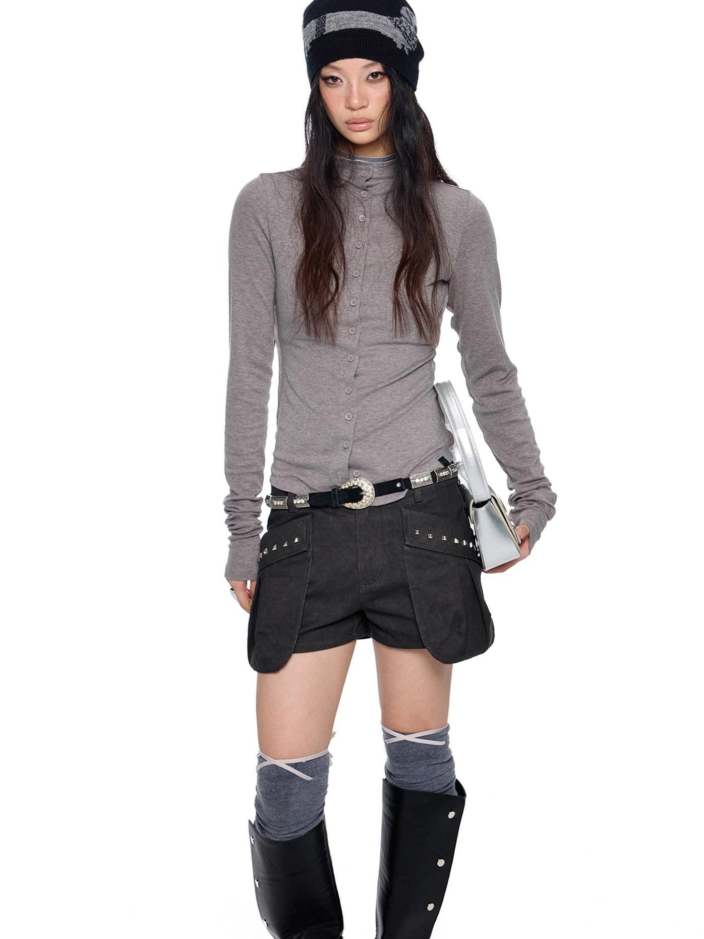 EZEK Pleated Slim Button Cardigan Women's Viscose Long Sleeve T-shirts