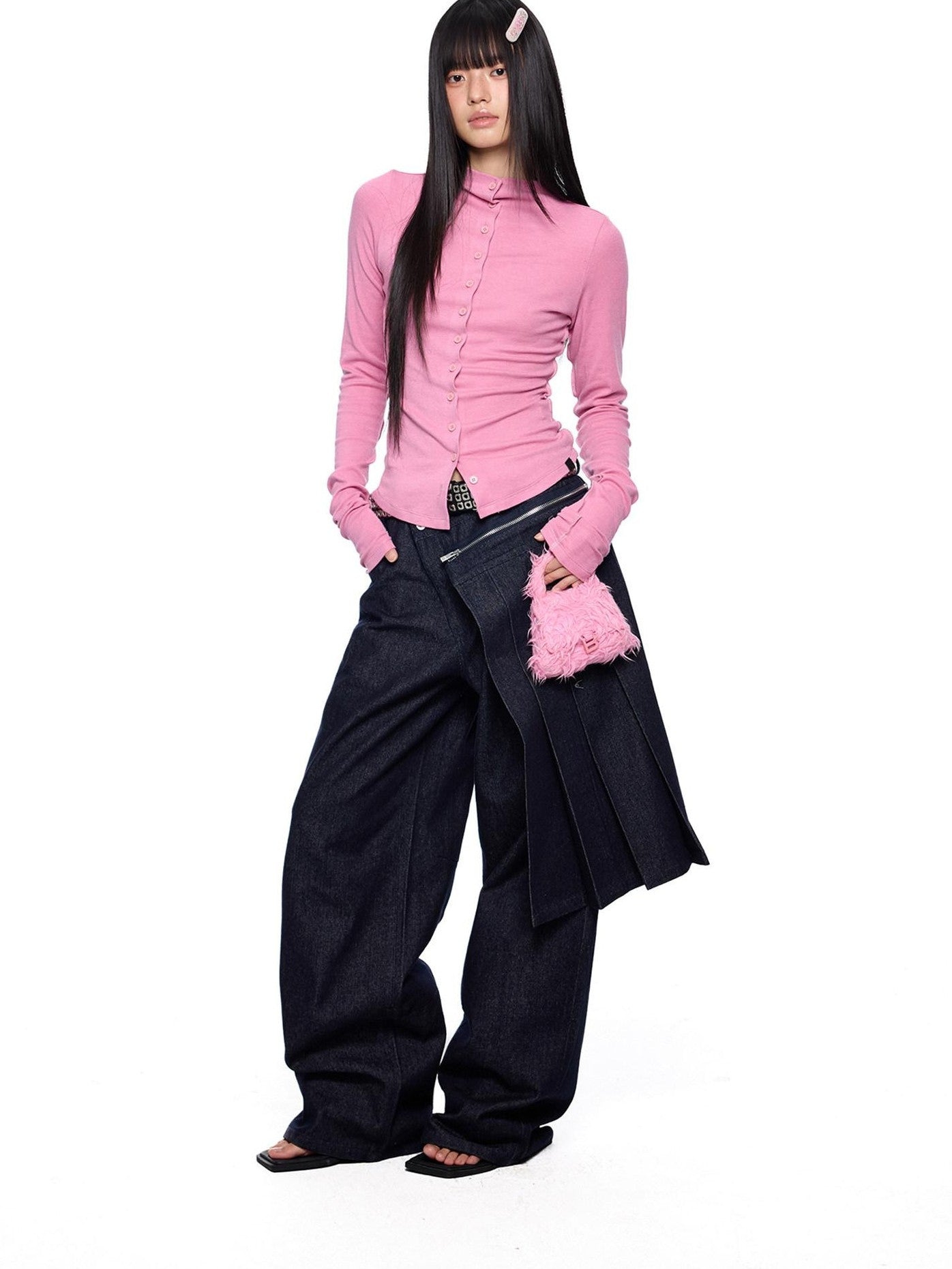 EZEK Pleated Slim Button Cardigan Women's Viscose Long Sleeve T-shirts