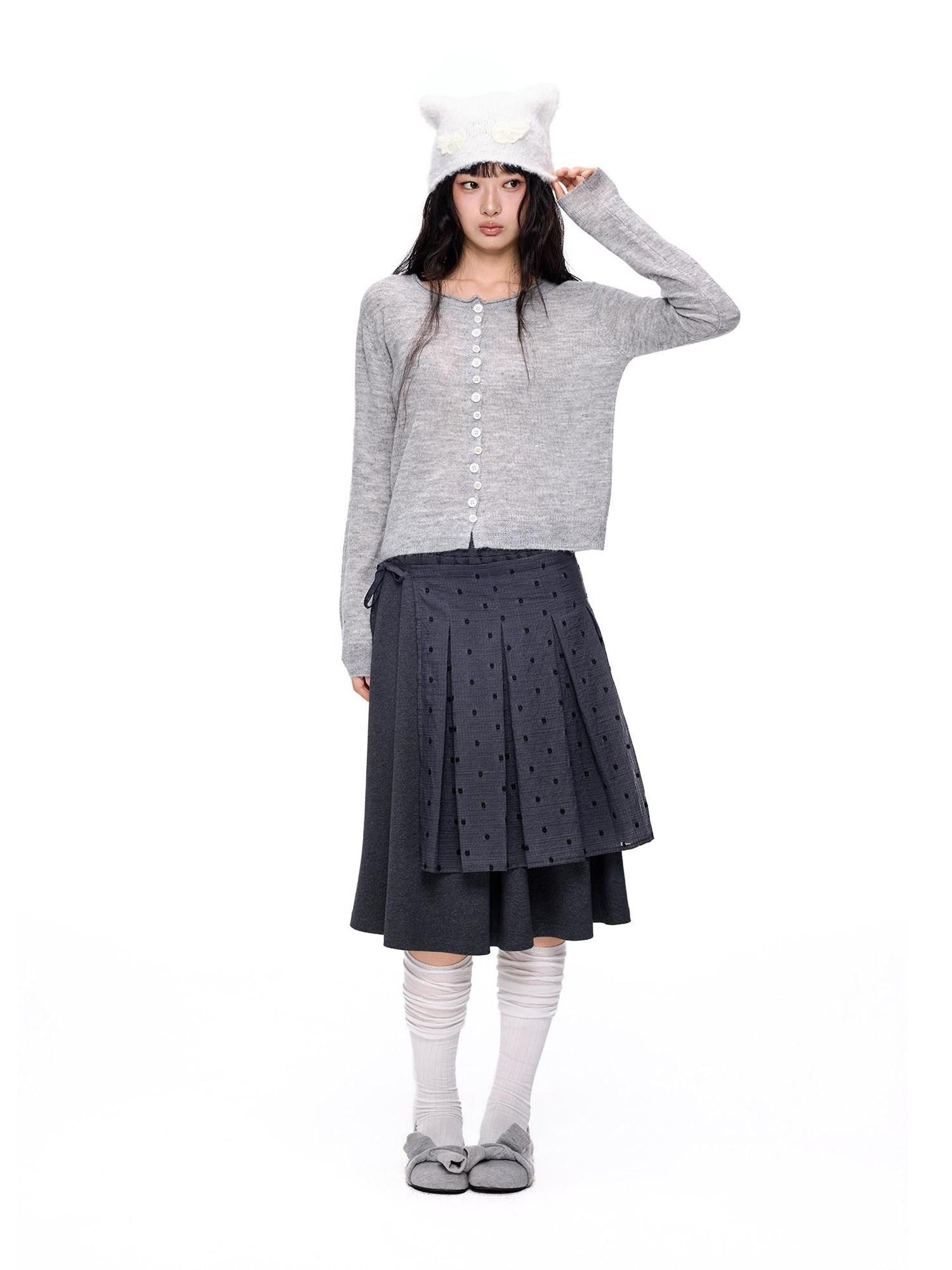 EZEK Polka Dot Colorblock Detachable Two Piece Women's Cotton Blend Pleated Skirts