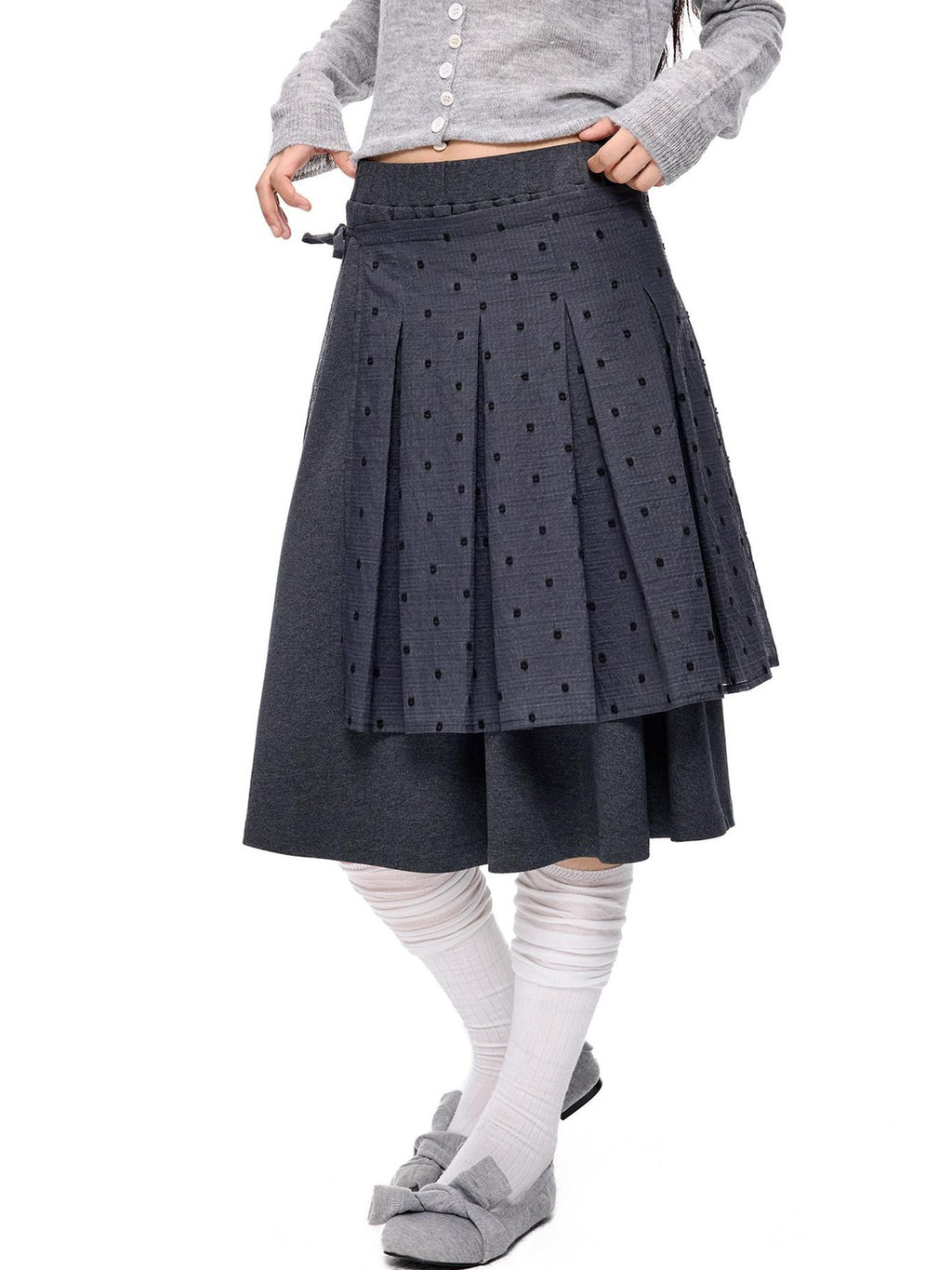 EZEK Polka Dot Colorblock Detachable Two Piece Women's Cotton Blend Pleated Skirts