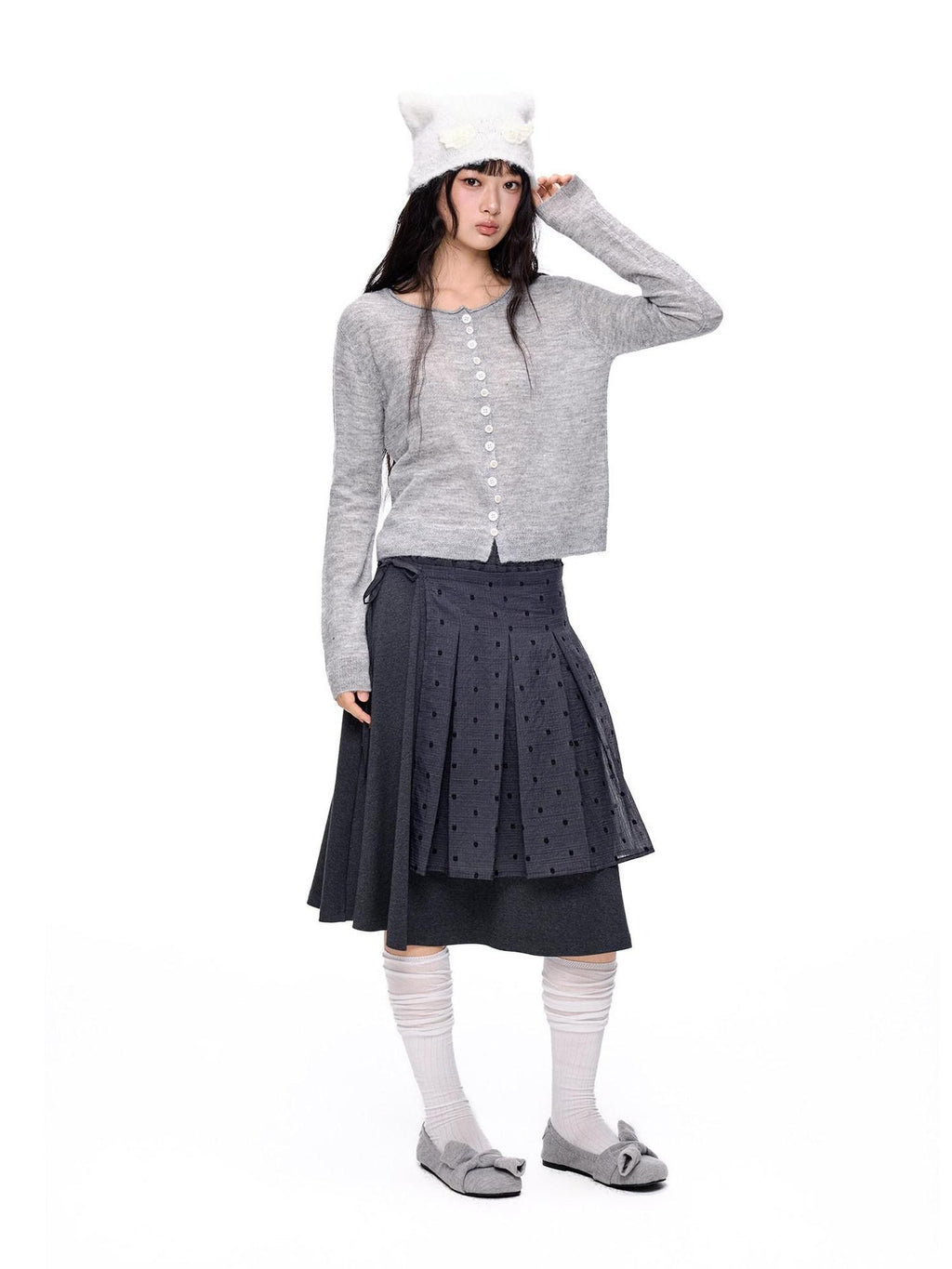 EZEK Polka Dot Colorblock Detachable Two Piece Women's Cotton Blend Pleated Skirts