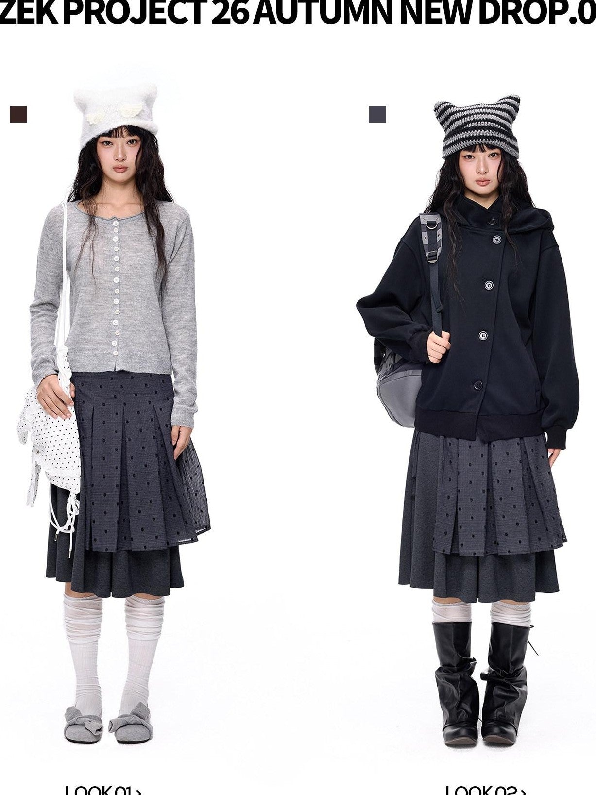 EZEK Polka Dot Colorblock Detachable Two Piece Women's Cotton Blend Pleated Skirts
