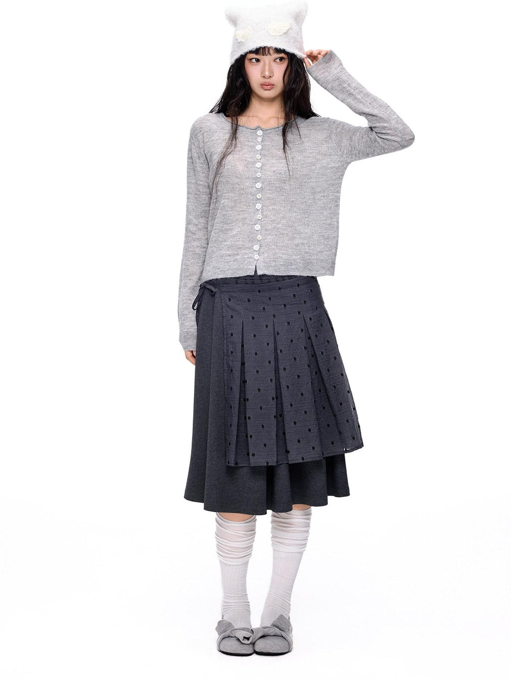 EZEK Polka Dot Colorblock Detachable Two Piece Women's Cotton Blend Pleated Skirts