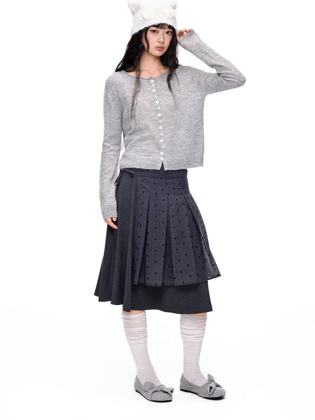 EZEK Polka Dot Colorblock Detachable Two Piece Women's Cotton Blend Pleated Skirts