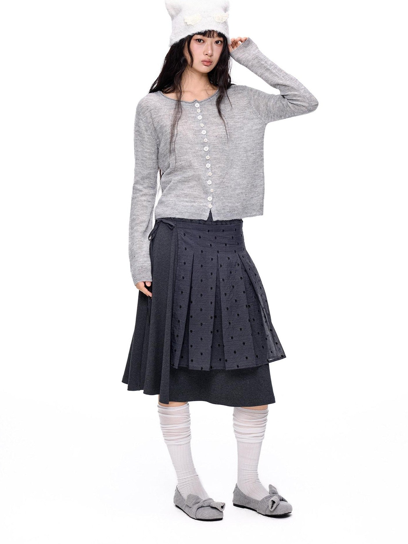 EZEK Polka Dot Colorblock Detachable Two Piece Women's Cotton Blend Pleated Skirts