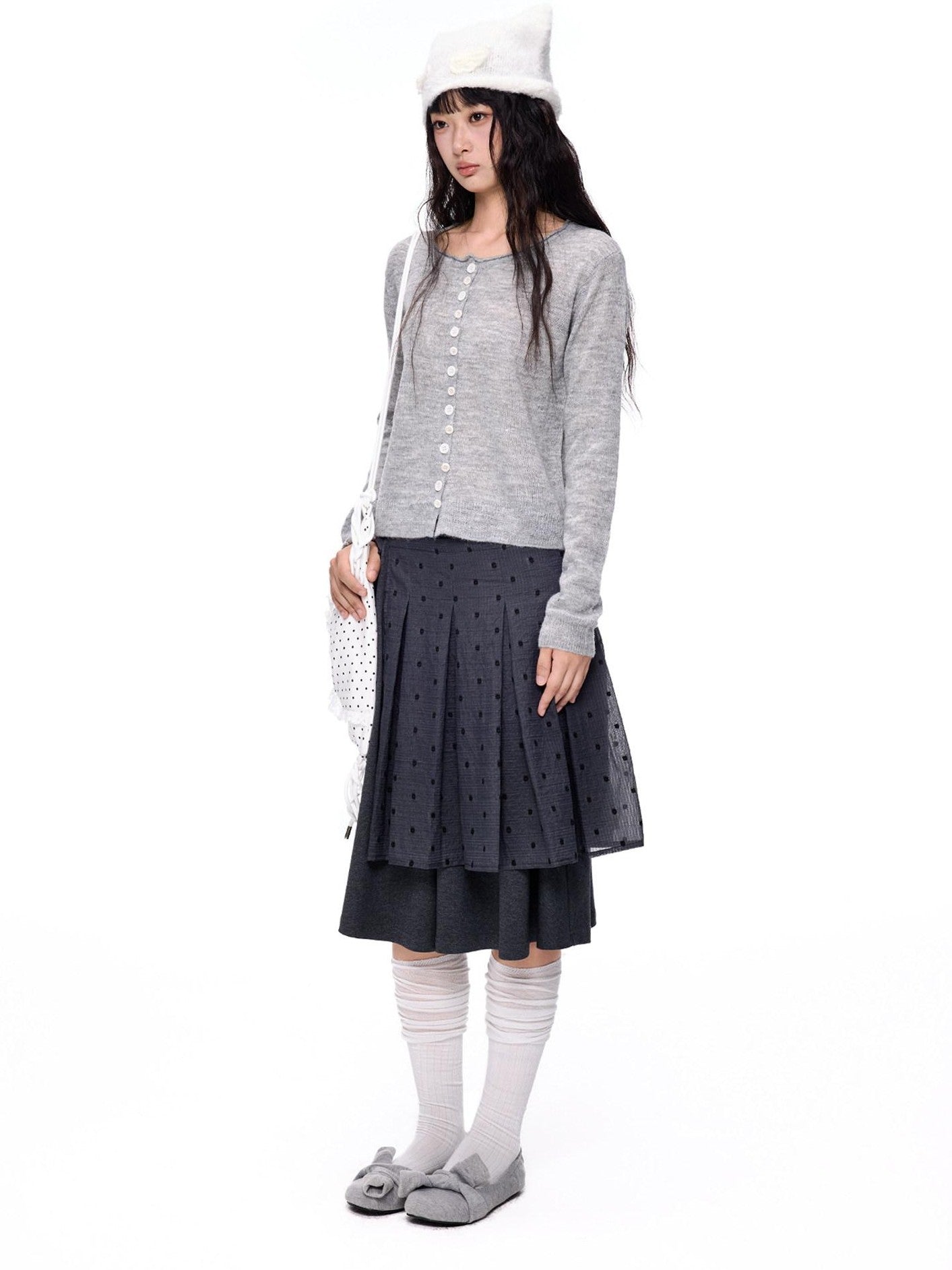 EZEK Polka Dot Colorblock Detachable Two Piece Women's Cotton Blend Pleated Skirts