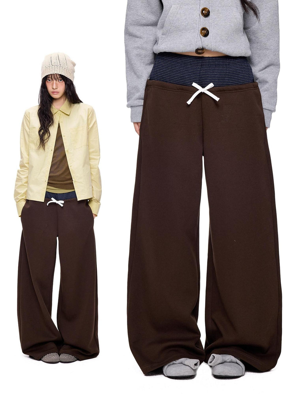 EZEK Polka Dot Colorblock Patchwork Pocket Women's Cotton Blend Straight-leg Pants