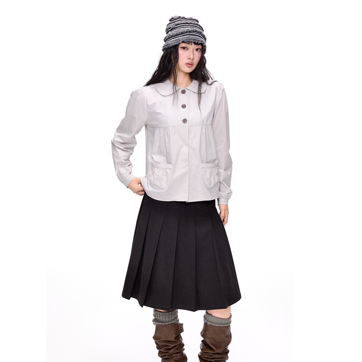 EZEK_Polka_Dot_Doll_Collar_Pleated_Pocket_Long_Sleeve_Women's_Cotton_Blouses_1061019666980_MISSTT