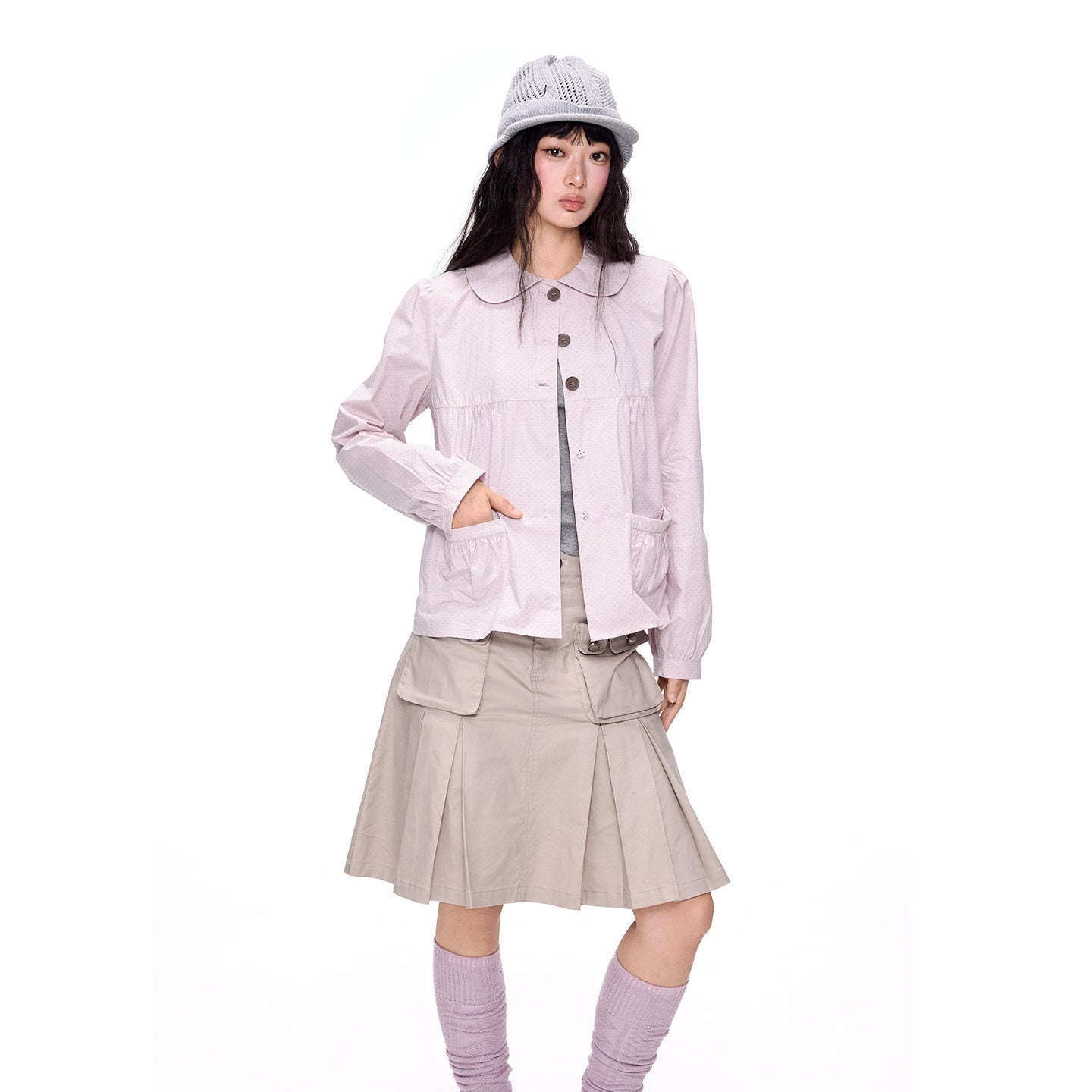 EZEK_Polka_Dot_Doll_Collar_Pleated_Pocket_Long_Sleeve_Women's_Cotton_Blouses_1061019666980_MISSTT