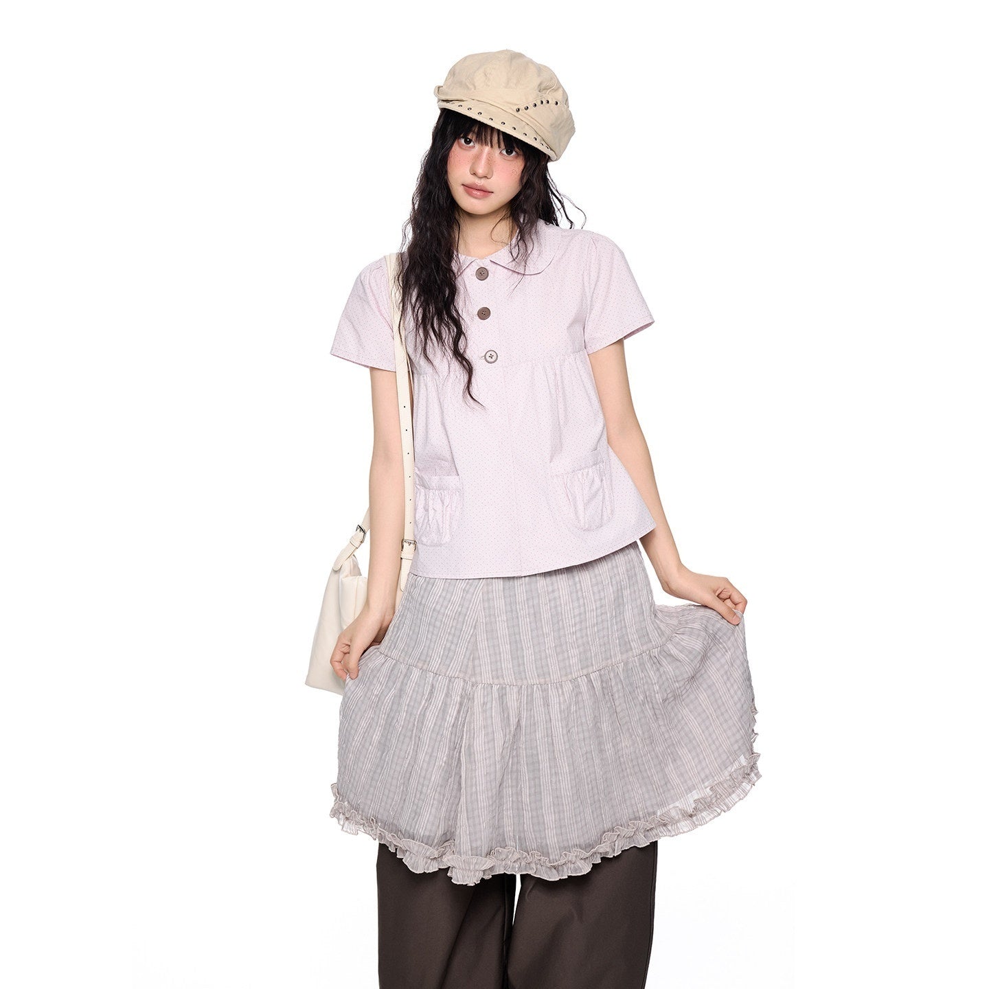 EZEK_Polka_Dot_Doll_Collar_Pleated_Pocket_Long_Sleeve_Women's_Cotton_Blouses_1061019666980_MISSTT
