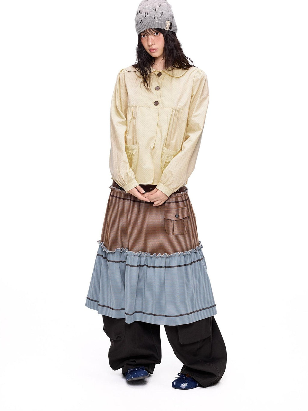 EZEK Polka Dot Doll Collar Pleated Pocket Long Sleeve Women's Cotton Blouses