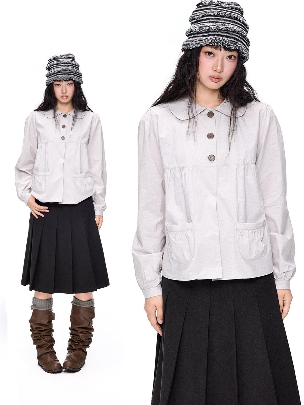 EZEK Polka Dot Doll Collar Pleated Pocket Long Sleeve Women's Cotton Blouses
