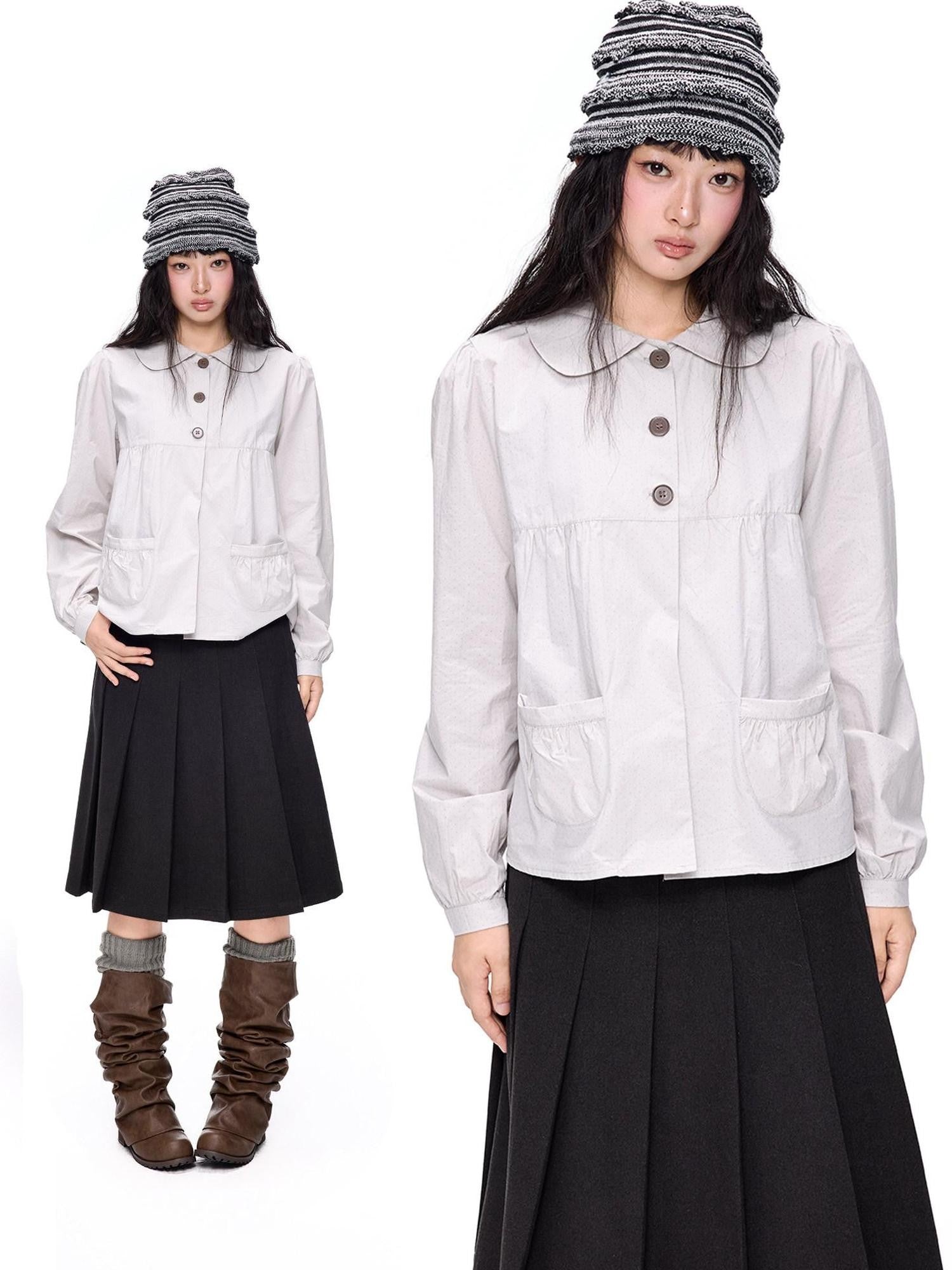 EZEK Polka Dot Doll Collar Pleated Pocket Long Sleeve Women's Cotton Blouses