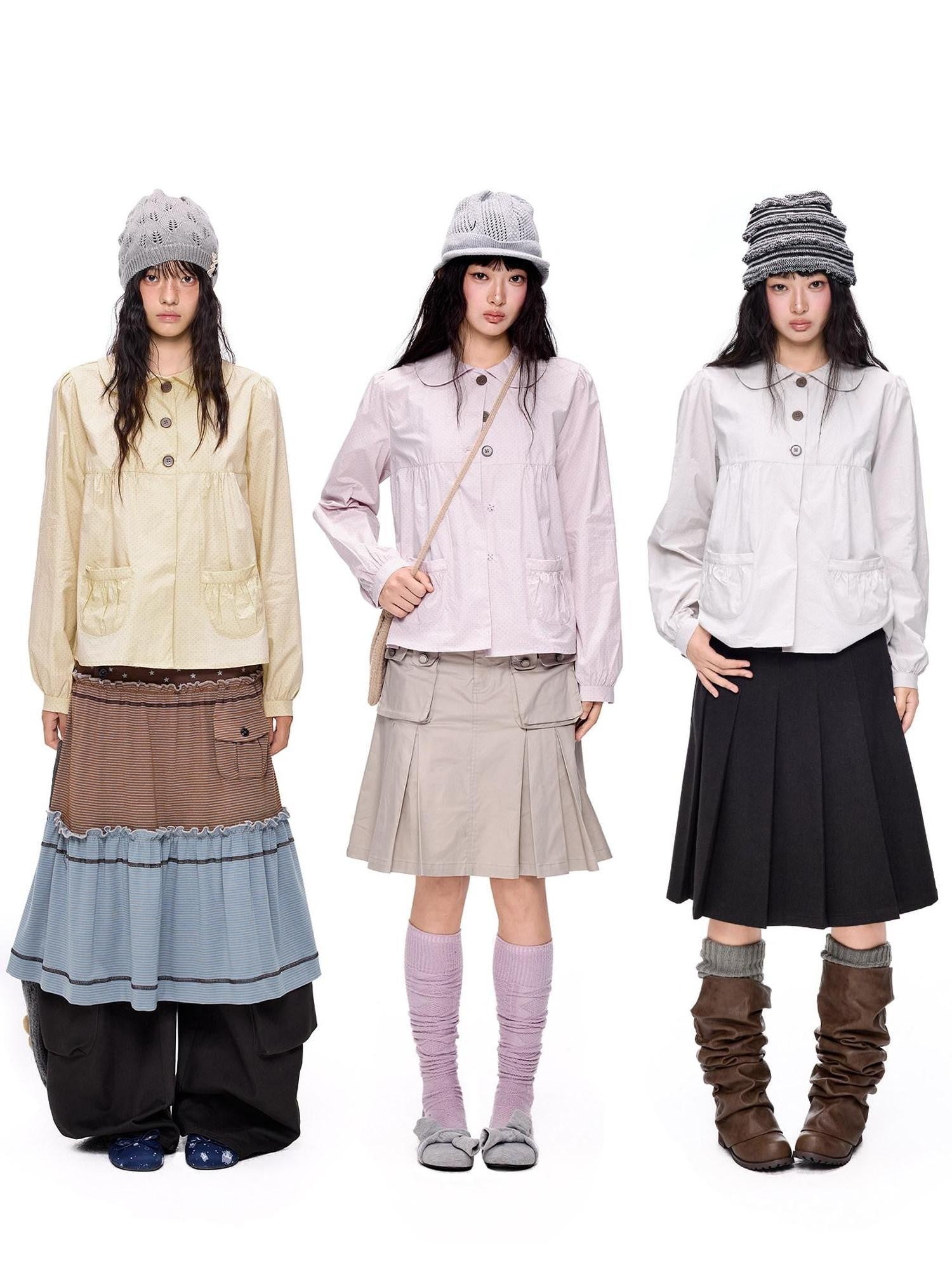 EZEK Polka Dot Doll Collar Pleated Pocket Long Sleeve Women's Cotton Blouses