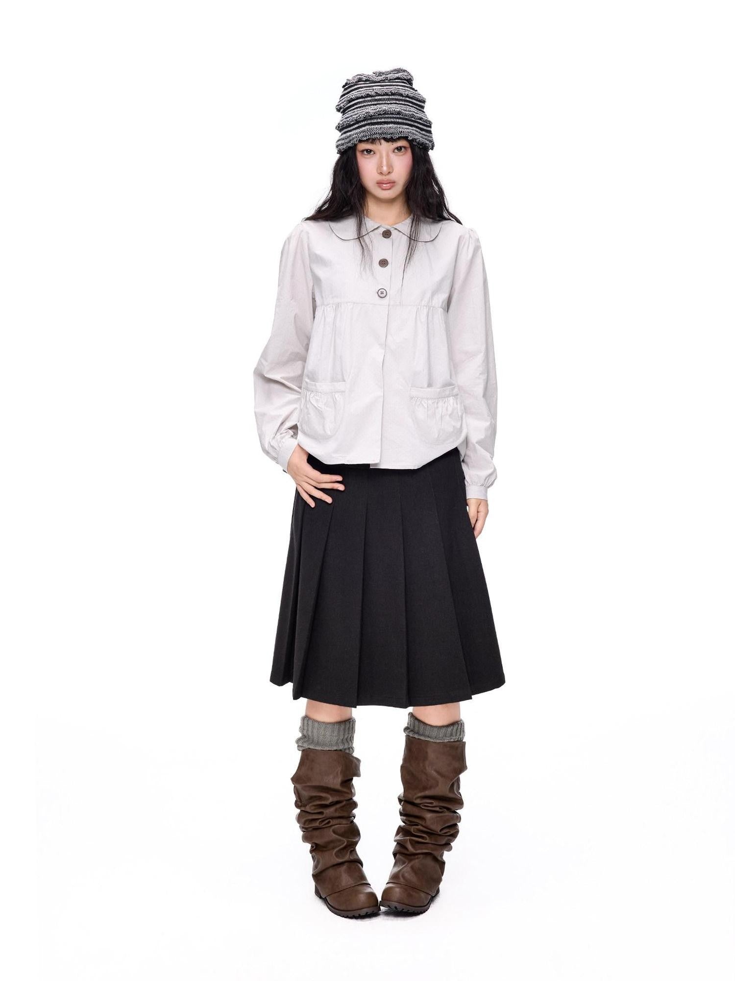 EZEK Polka Dot Doll Collar Pleated Pocket Long Sleeve Women's Cotton Blouses