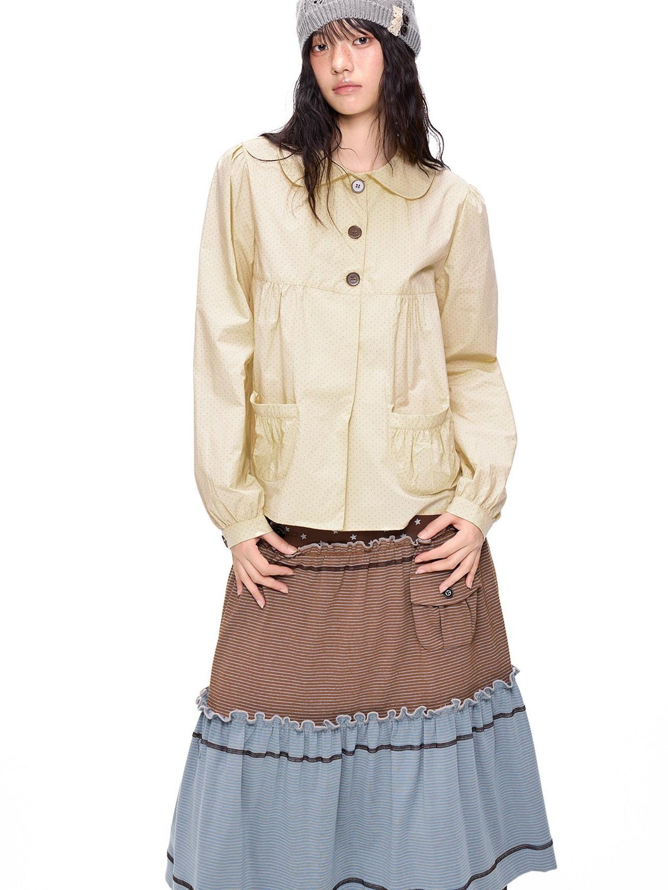 EZEK Polka Dot Doll Collar Pleated Pocket Long Sleeve Women's Cotton Blouses