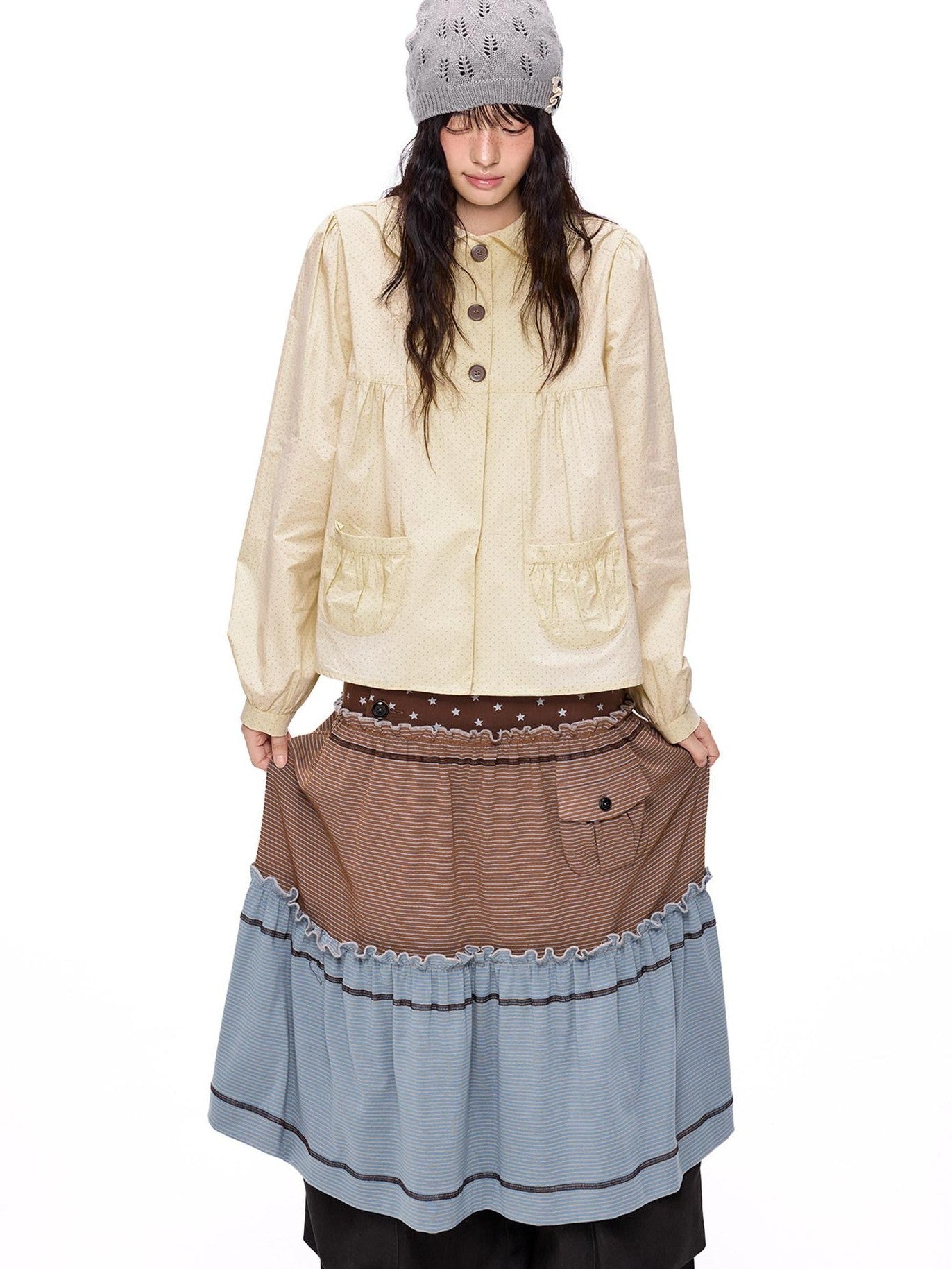 EZEK Polka Dot Doll Collar Pleated Pocket Long Sleeve Women's Cotton Blouses
