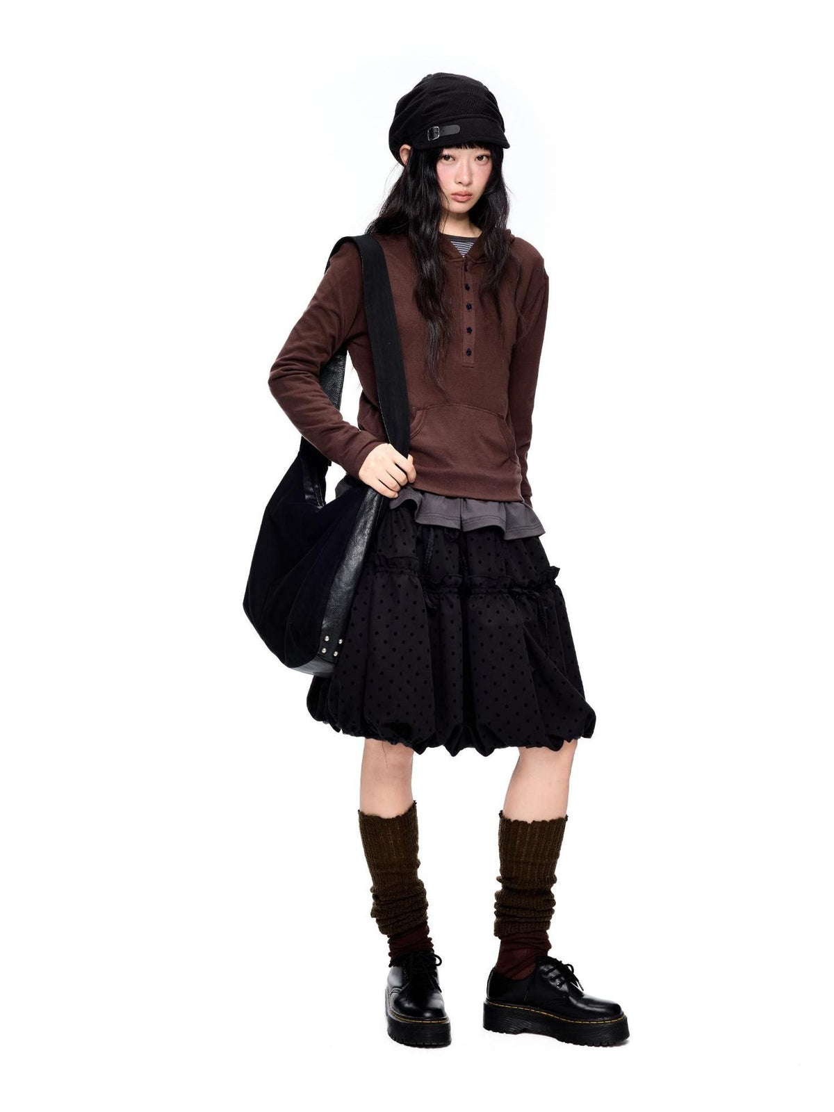 EZEK Polka Dot Drawstring Ruched Bubble A Line Women's Polyester Midi Skirts