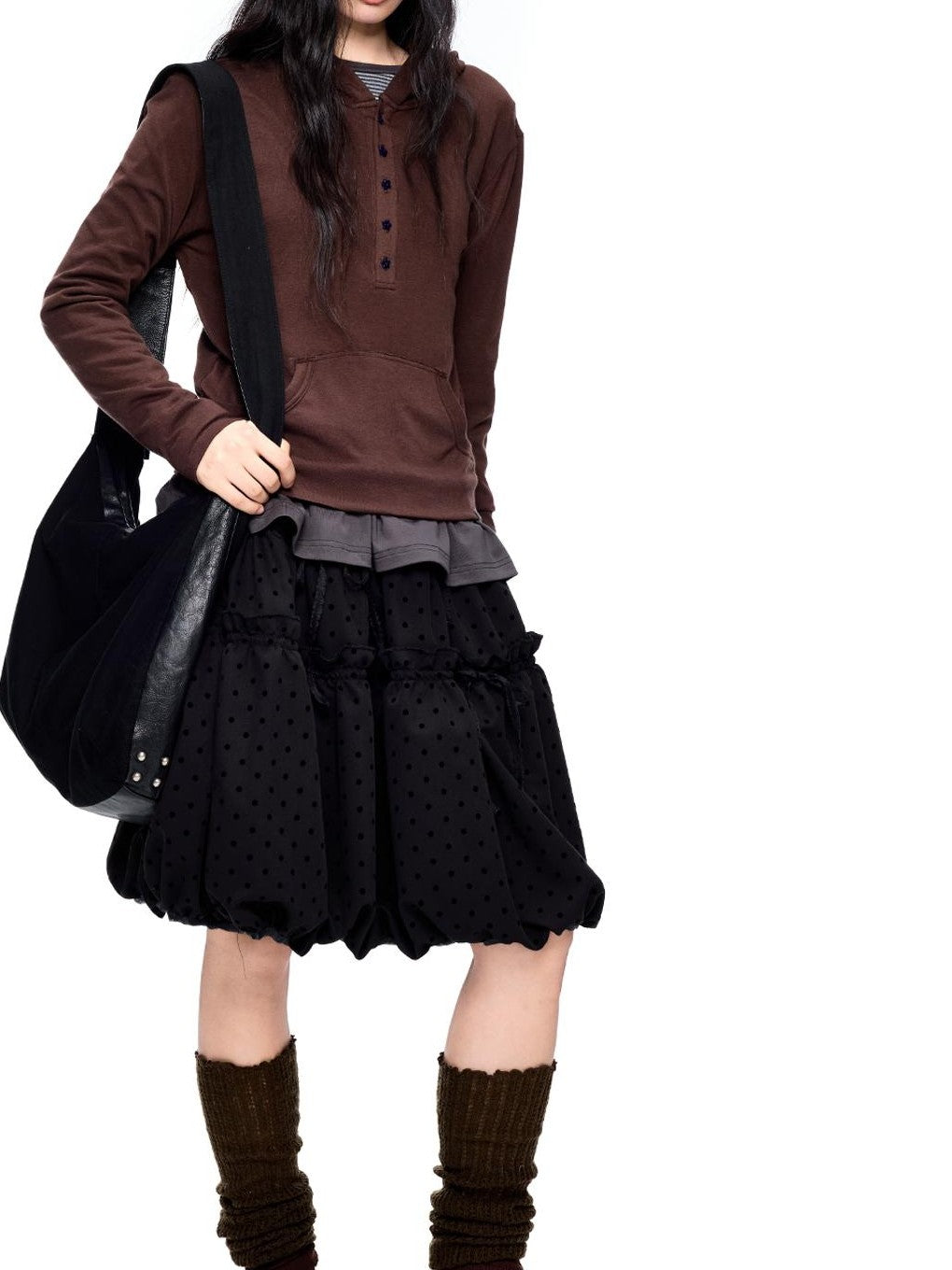 EZEK Polka Dot Drawstring Ruched Bubble A Line Women's Polyester Midi Skirts