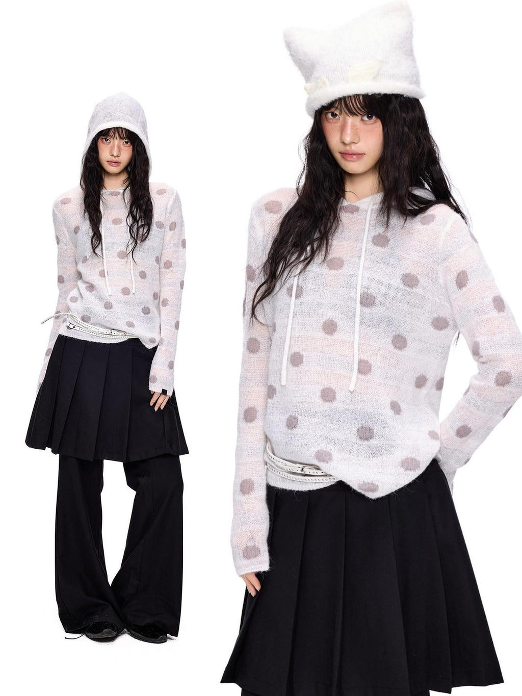 EZEK Polka Dot Hooded Mohair Knit Loose Fit Buttoned Women's Nylon Blend Sweaters