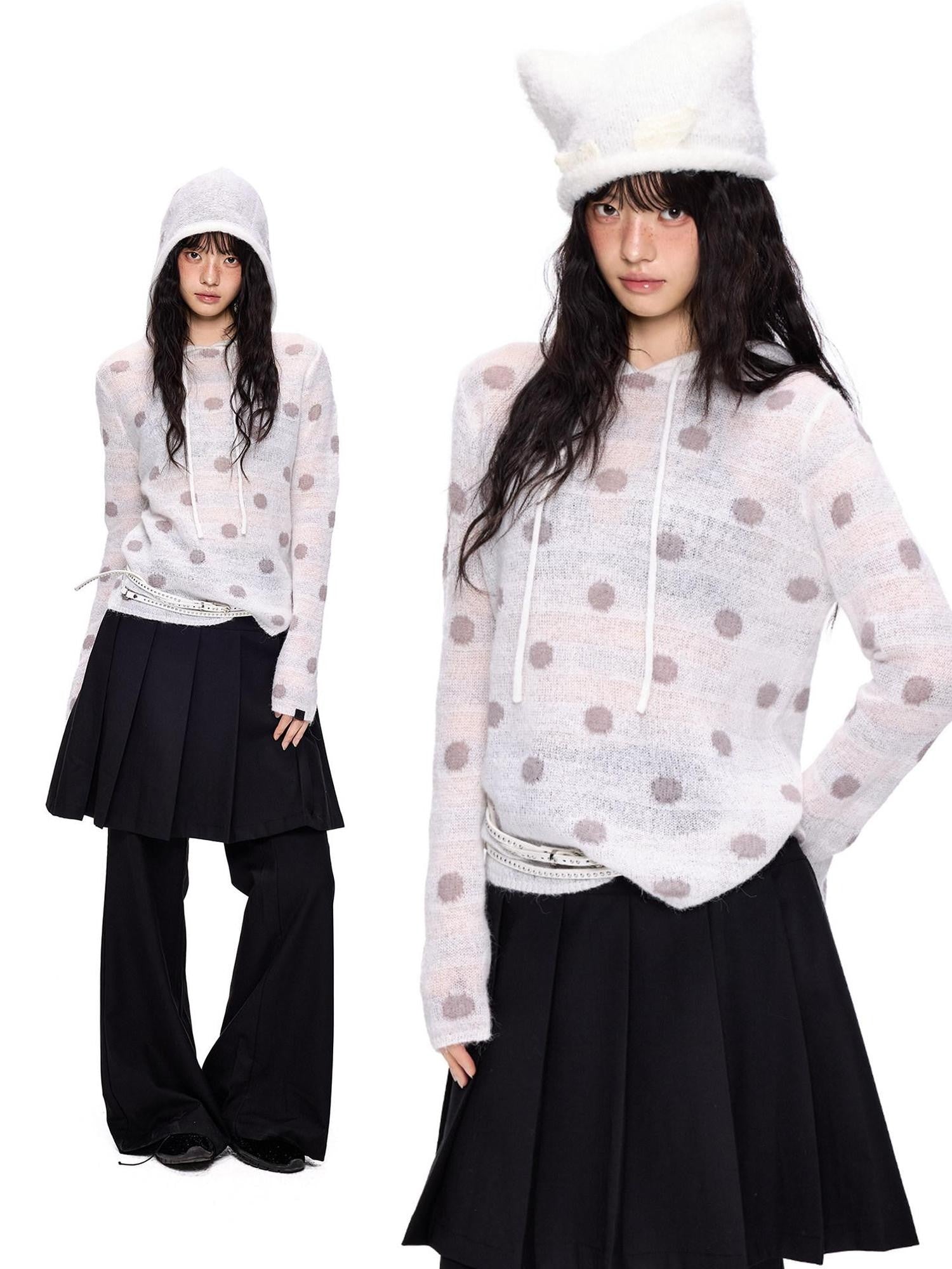 EZEK Polka Dot Hooded Mohair Knit Loose Fit Buttoned Women's Nylon Blend Sweaters