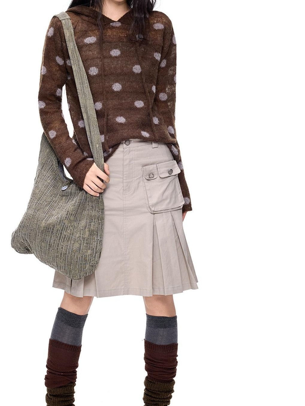 EZEK Polka Dot Hooded Mohair Knit Loose Fit Buttoned Women's Nylon Blend Sweaters