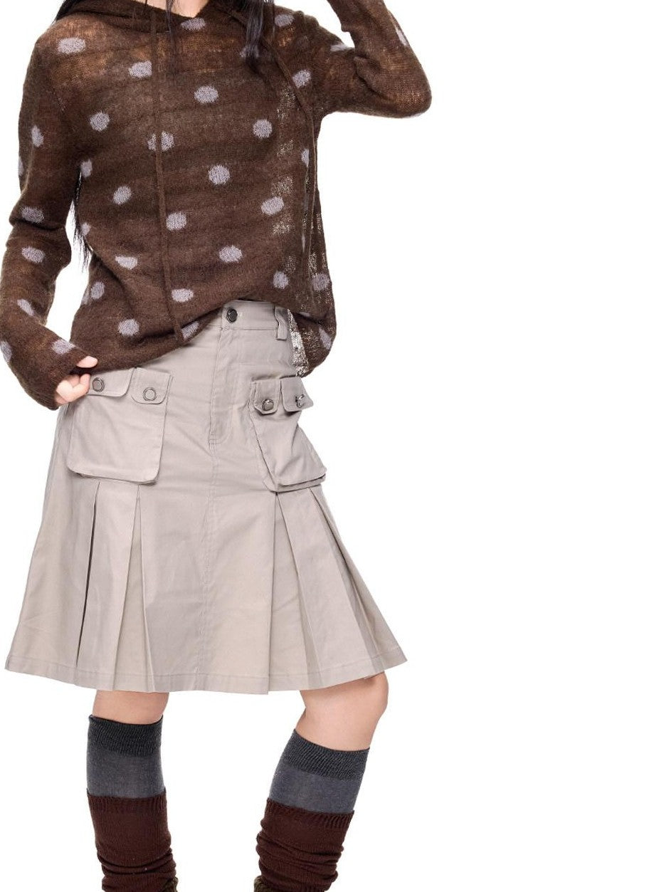 EZEK Polka Dot Hooded Mohair Knit Loose Fit Buttoned Women's Nylon Blend Sweaters