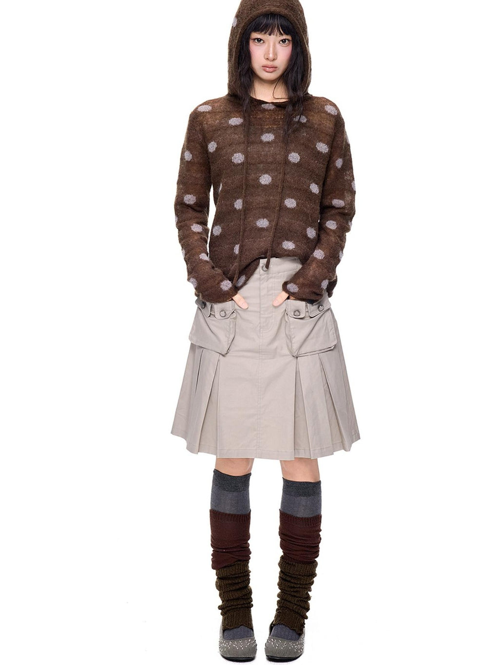 EZEK Polka Dot Hooded Mohair Knit Loose Fit Buttoned Women's Nylon Blend Sweaters