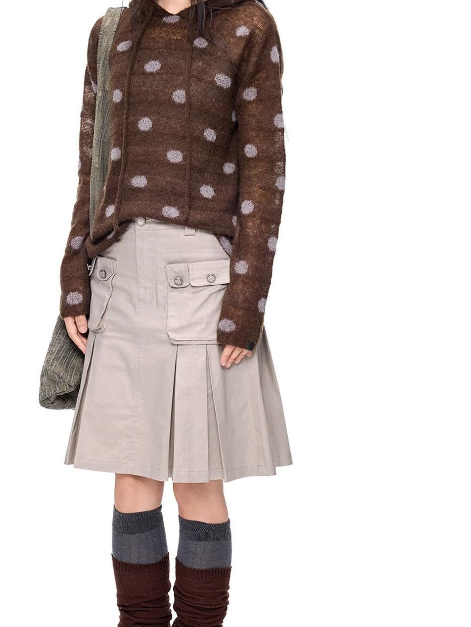 EZEK Polka Dot Hooded Mohair Knit Loose Fit Buttoned Women's Nylon Blend Sweaters