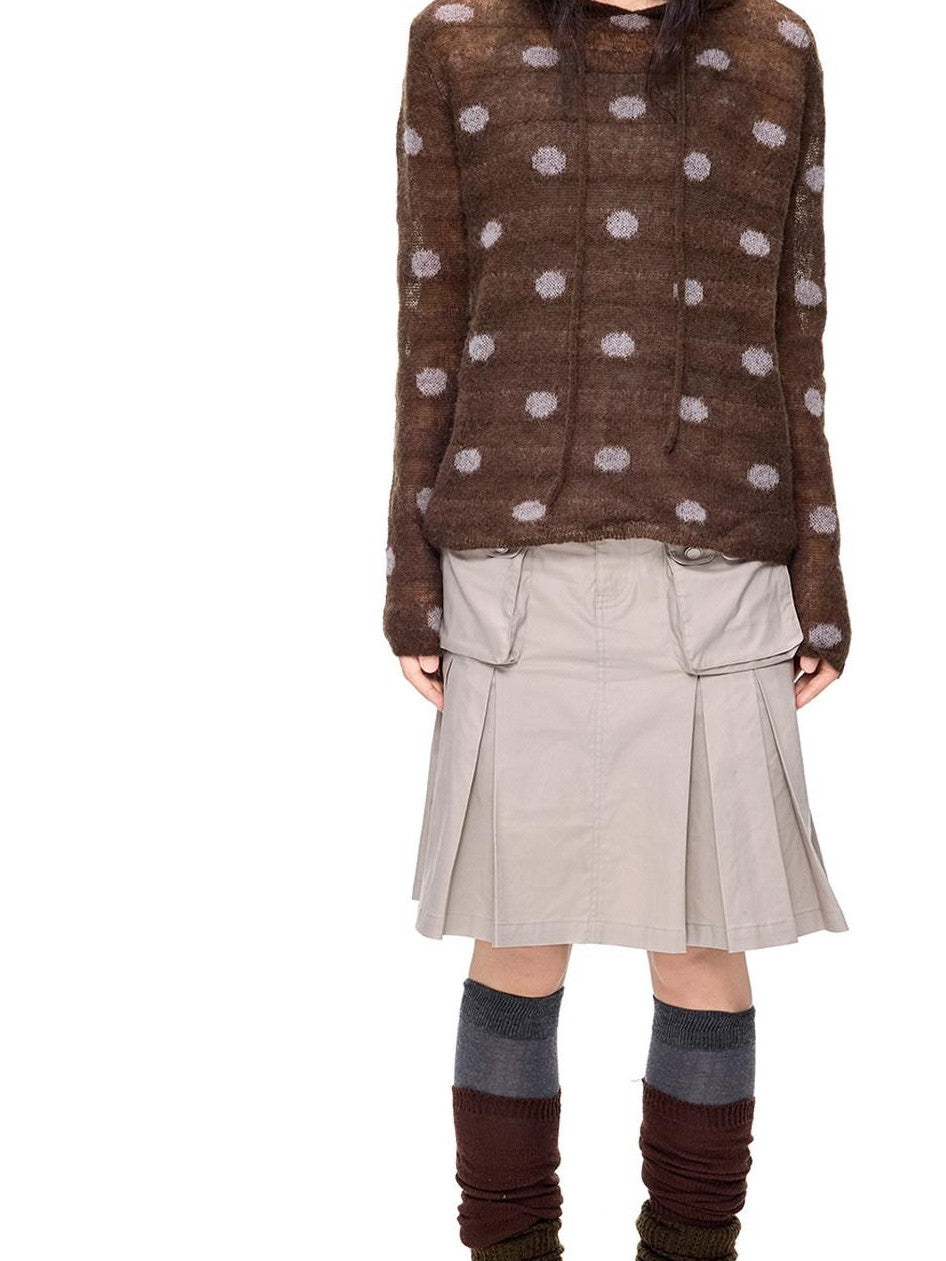 EZEK Polka Dot Hooded Mohair Knit Loose Fit Buttoned Women's Nylon Blend Sweaters