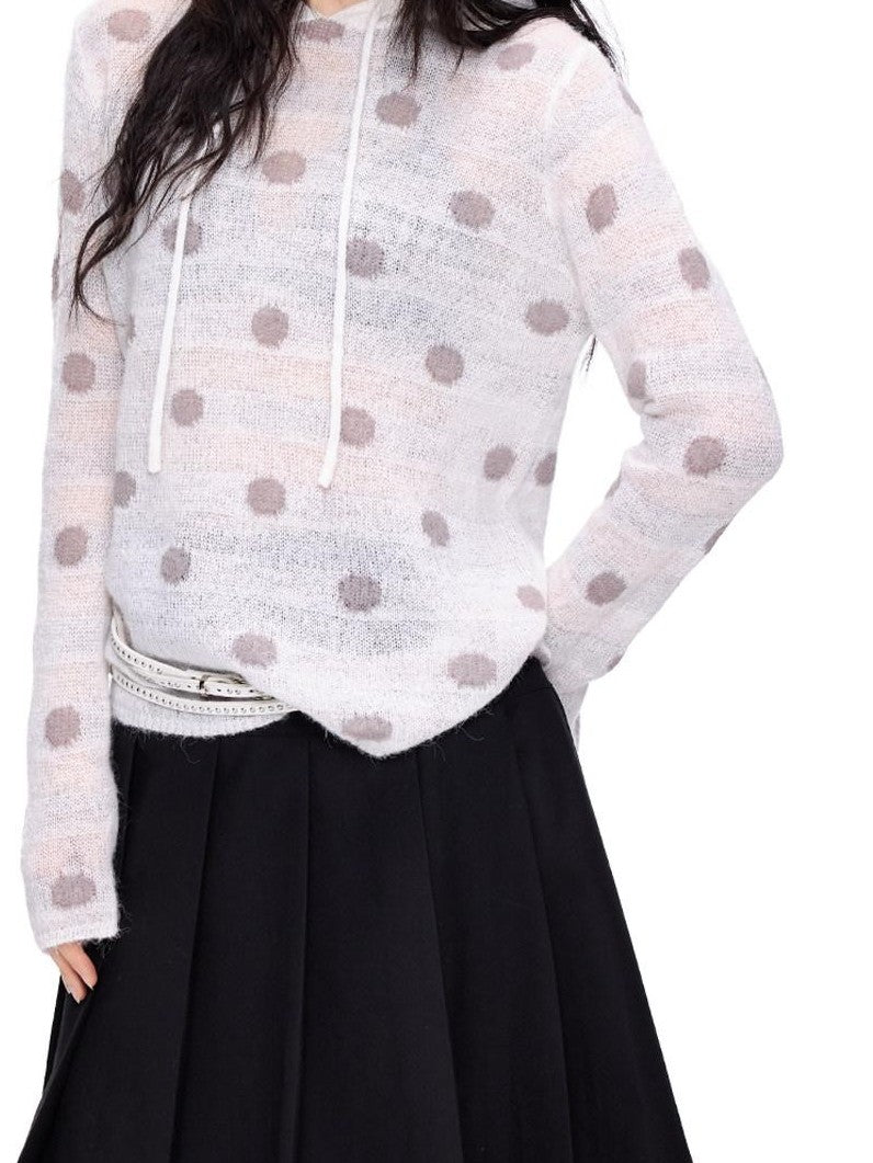 EZEK Polka Dot Hooded Mohair Knit Loose Fit Buttoned Women's Nylon Blend Sweaters